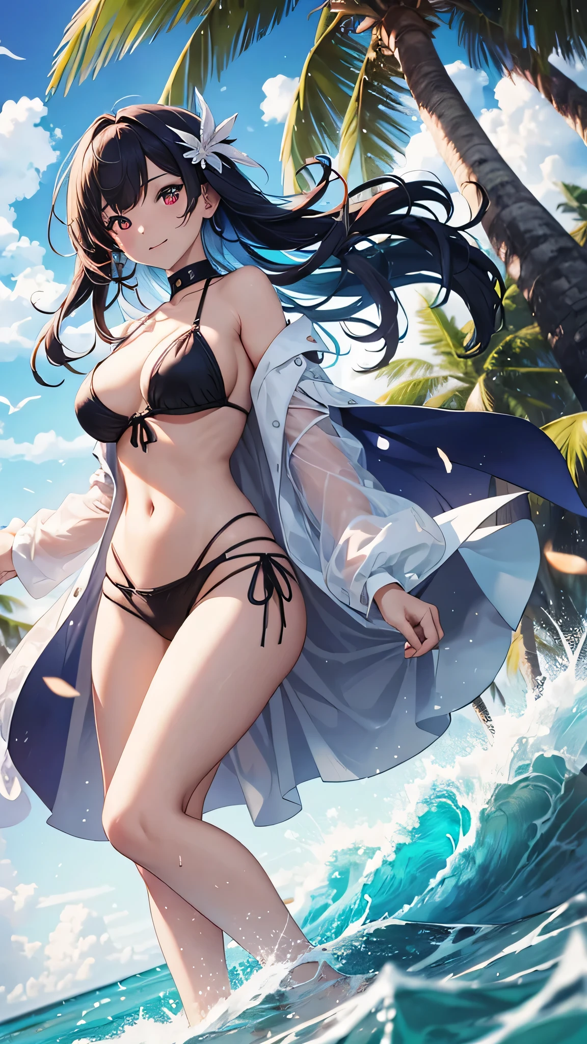 Highest quality、Highest quality、Masterpiece、girl((20-year-old、as soon as、Highest Bust、Medium Bust、Wide open chest、Red glowing eyes、Light Blue Hair、Disheveled Hair、Loincloth、thin、The best valley、Open chest、Full body view、White see-through、White Bikini、Smile、Random Motion))、high quality、Beautiful Art、background((Ocean、Wave、beach、Palm tree))、flight、Flying Debris、Depth of text、movie、Visual Arts、Perfect Art、8K、Genuine、Special Angles