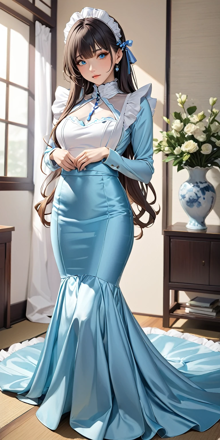 (masterpiece,highest quality,超A high resolution),Beautiful portrait、Japanese women,(20-year-old woman),(Light blue long sleeve satin high neck maid dress)、The front of the dress is closed、Light blue satin mermaid long skirt、、