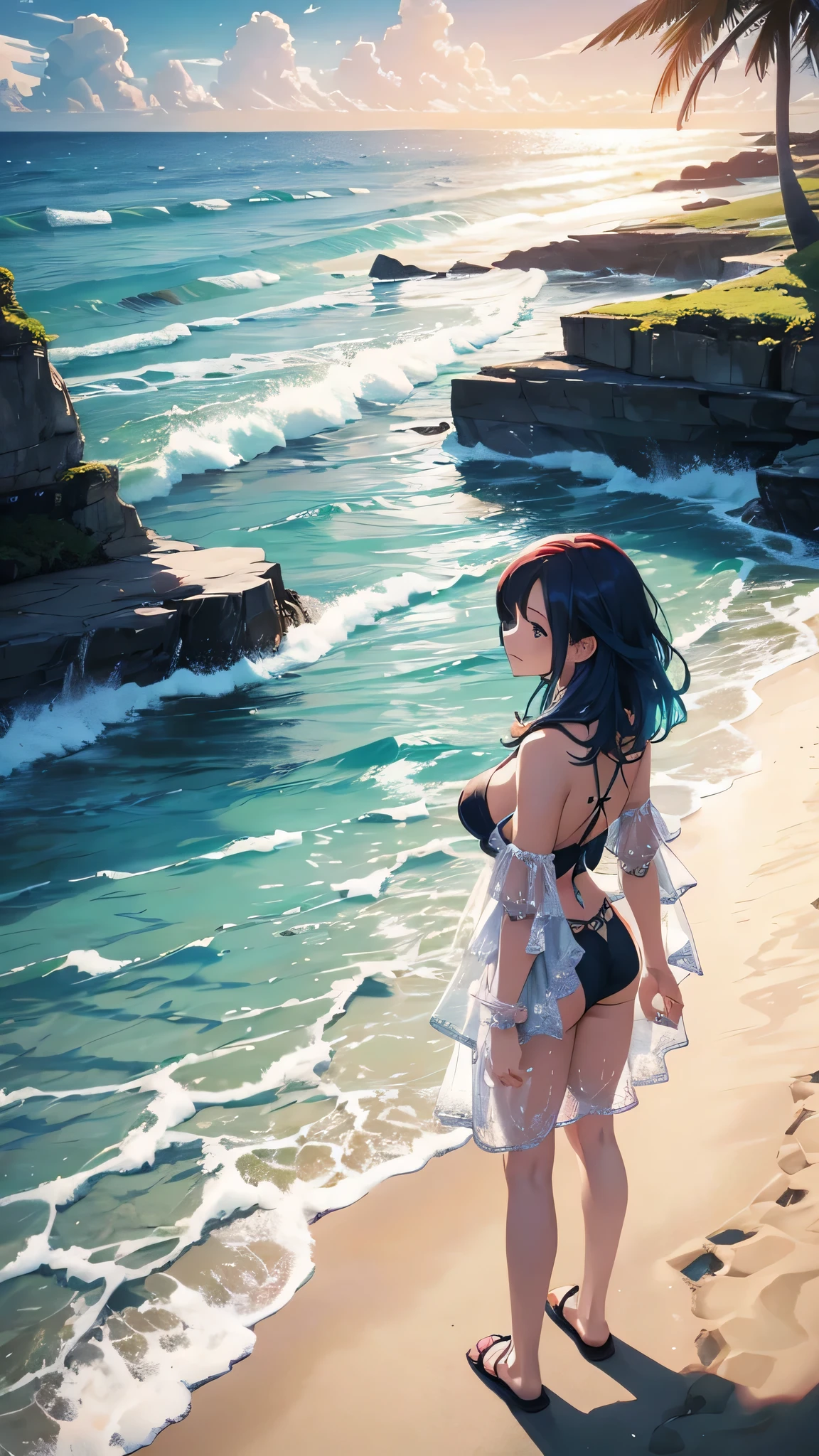 Highest quality、Highest quality、Masterpiece、girl((20-year-old、as soon as、Highest Bust、Medium Bust、Wide open chest、Red glowing eyes、Light Blue Hair、Disheveled Hair、Loincloth、thin、The best valley、Open chest、Full body view、White see-through、White Bikini、Smile、Random Motion))、high quality、Beautiful Art、background((Ocean、Wave、beach、Palm tree))、flight、Flying Debris、Depth of text、movie、Visual Arts、Perfect Art、8K、Genuine、Special Angles