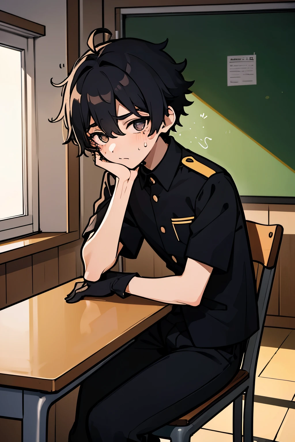 1boy, 18 years old, tall, short messy black hair, depressed eyes, nervous, sweating on face, wearing uniform, black pants, lean build, black gloves, sitting in chair, table infront, classroom, sun shining down face, 8k, highres, absurdres, masterpiece