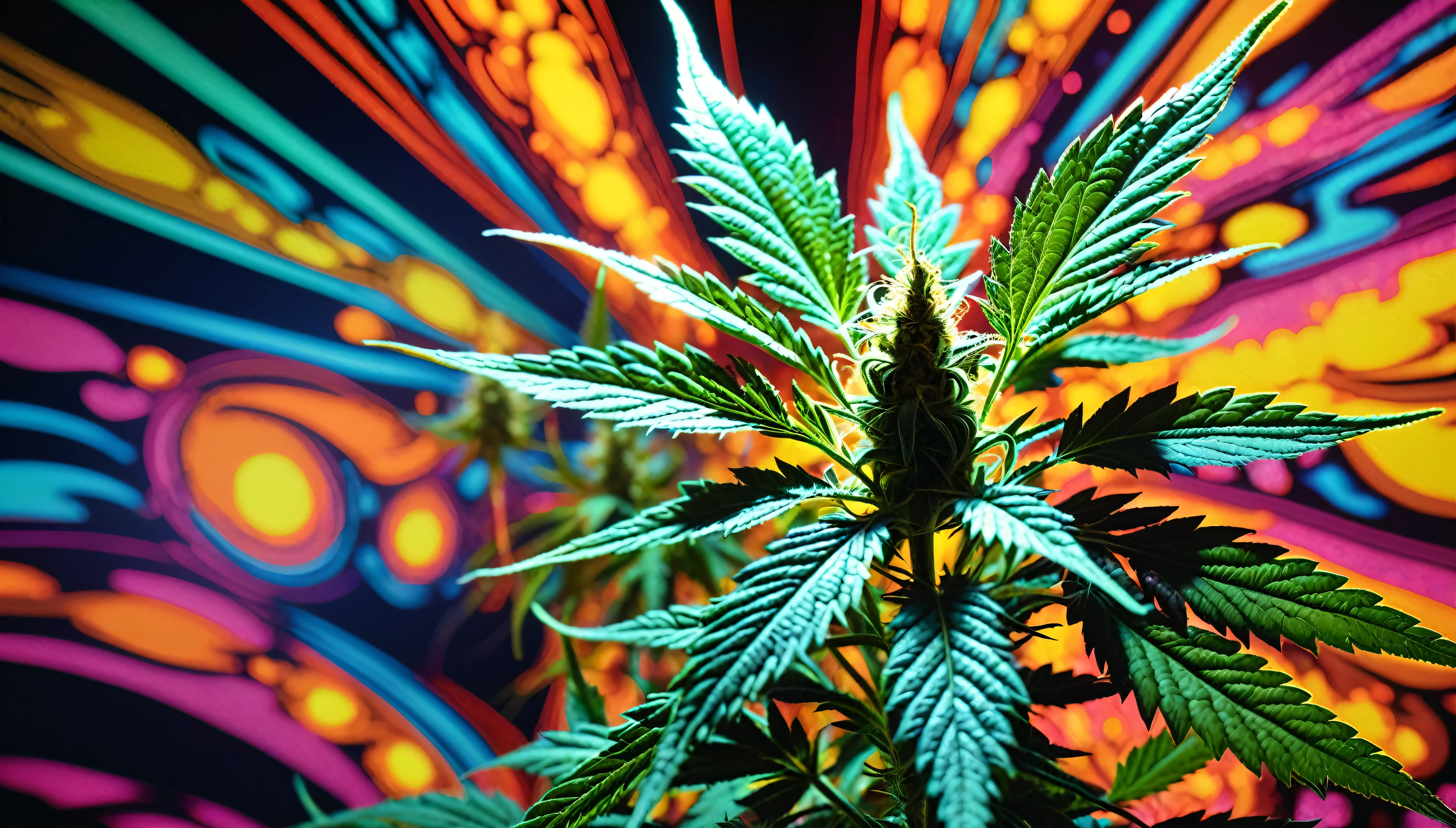1970s psychedelic marijuana wallpaper, 35mm, atmospheric perspective, depth of field, cinematic lighting, reflection light, backlighting, masterpiece, anatomically correct, textured skin, super detail
