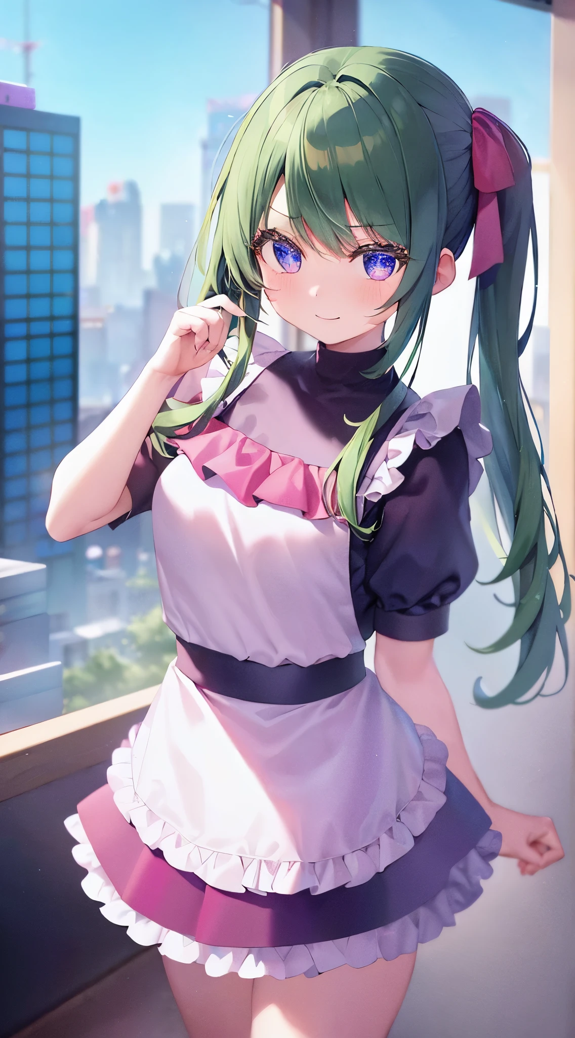 (8-year-old girl:1.2),Akihabara Maid Clothing,mini skirt,Green Hair Anime Girl,(Twin tails:1.1),In the streets of Akihabara,Small breasts