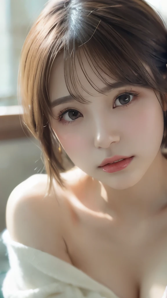 very small flat chest:1.4、Wearing makeup:1.3、Close-up of face:1.4、looking at the camera:1.4、{{masterpiece}}, {{highest quality}}, {{Very detailed}}, {{figure}}, cinematic Lighting,Beautiful and delicate shine, Dynamic Angle, Depth of written border, Light_leak, wonderful, Fine details, 4K, 8k,Japanese Idols, Brown hair short cut:1.3、, The background is a single grey color:1.3、, Dreamy look, Bright and warm tones, {Sexy pose},