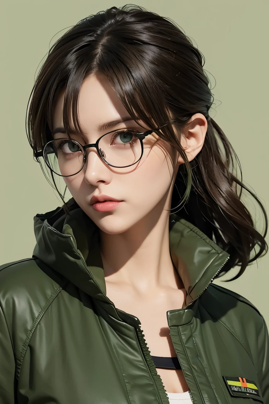 1 female inventor, Hair color is light brown and tied together., eyes are big、The color is brown, Closer to bright orange,, Large black horn-rimmed glasses, Wearing an army green colored flight jacket ,modern animation style, Anime style illustration, By Shinkai Makoto ( Apex Legends ), Digital Animation Illustration,