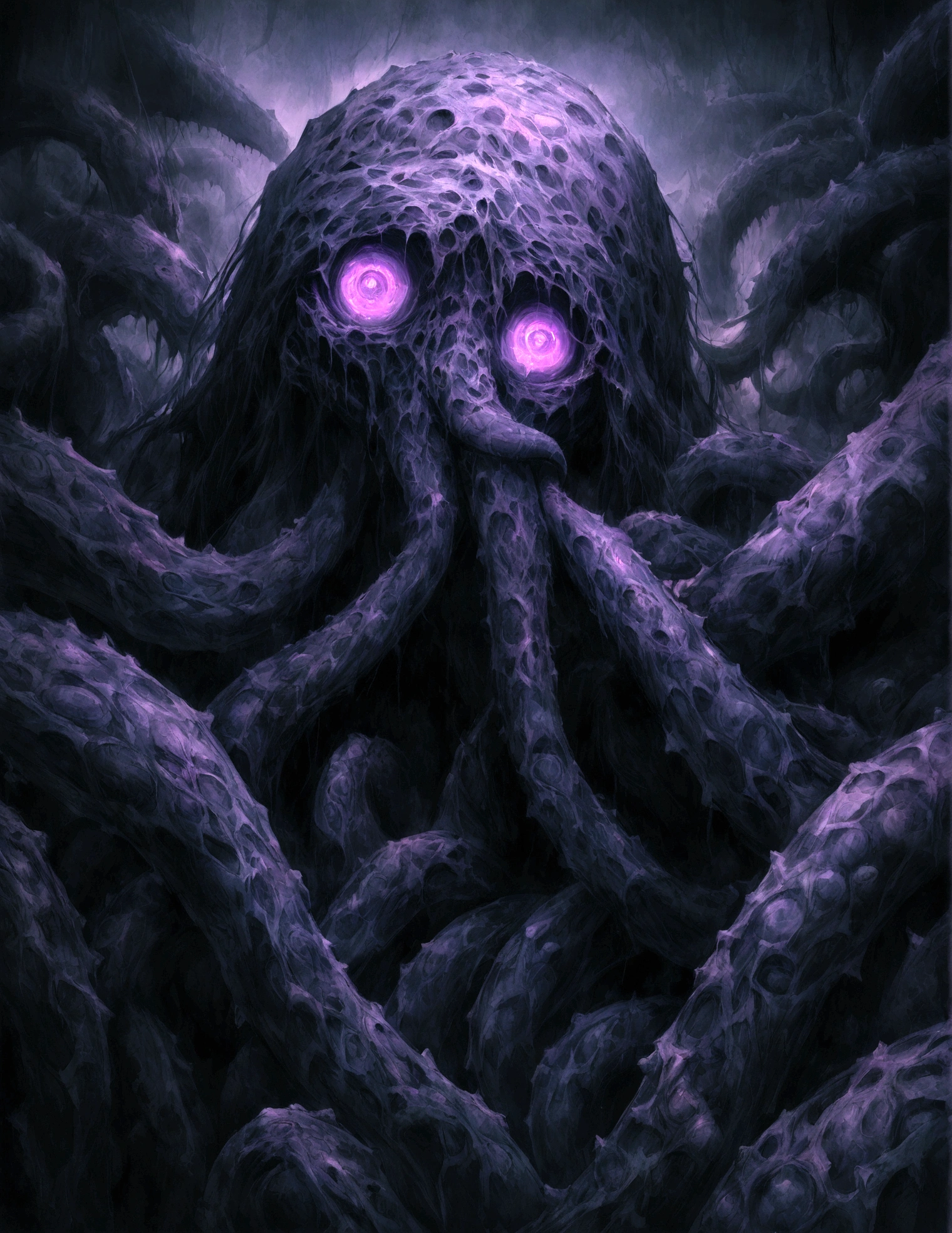 A Cthulhu death, dark twisted tentacles, luminous immortal eyes, unspeakable ancient entities, sticky limbs, underworld abominations, extraterrestrial terror, sticky tentacles, cinematic lighting, dramatic, dark moody atmosphere, supernatural horror, intricate textures, glowing skin, intense gaze, dramatic shadows, moody colors, dark fantasy, digital painting