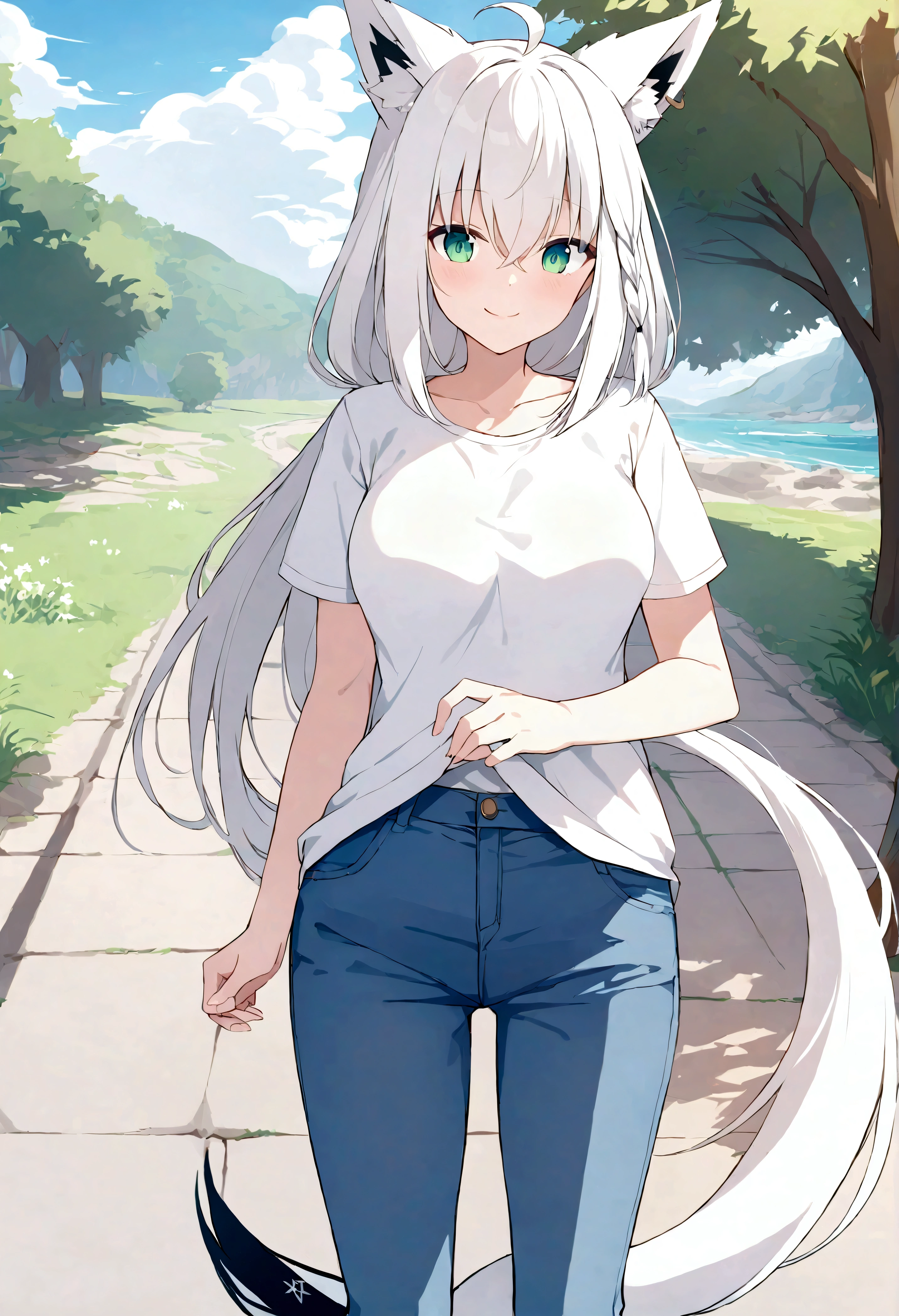 ,POV,outdoor,smile,standing, Shirakami_Fubuki, white hair, long hair, ahoge, animal ears, green eyes, breasts, fox tail,white t-shirt,short sleeves,jeans,denim