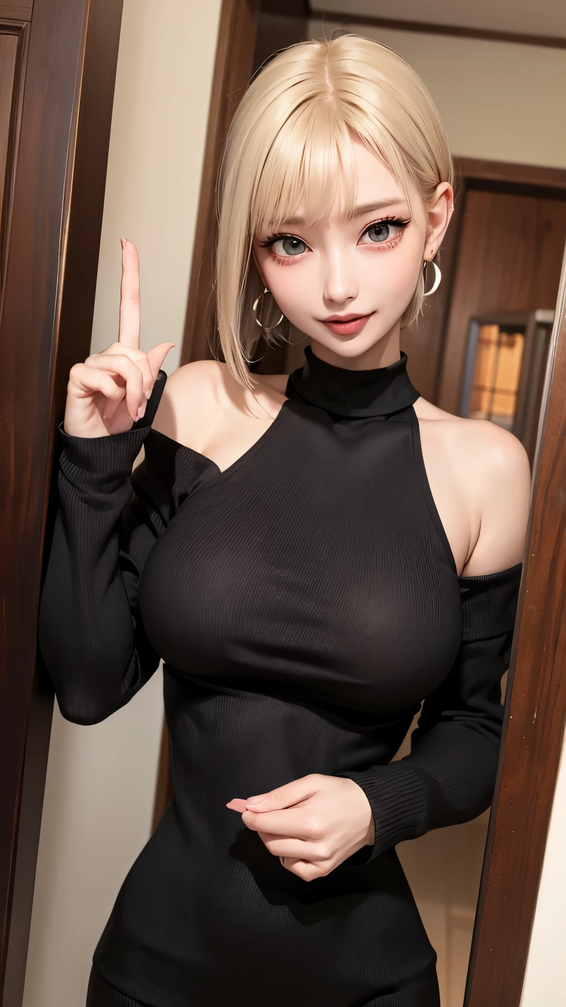 1 Girl、solo、masterpiece,highest quality,High resolution,Very detailed, skinny,Black Choker,Earrings,Big cleavage、Off-the-shoulder tight sweater dress,

 Cute pose、(((Open your mouth))), Heavy breathing , (aheghentai face:1.5), 
Blonde pixie short hair、
(((Accurate 5-finger)))、Accurate human body、The perfect human body、((Captivating smile ))、

entrance、indoor、open the door、Detailed Background、