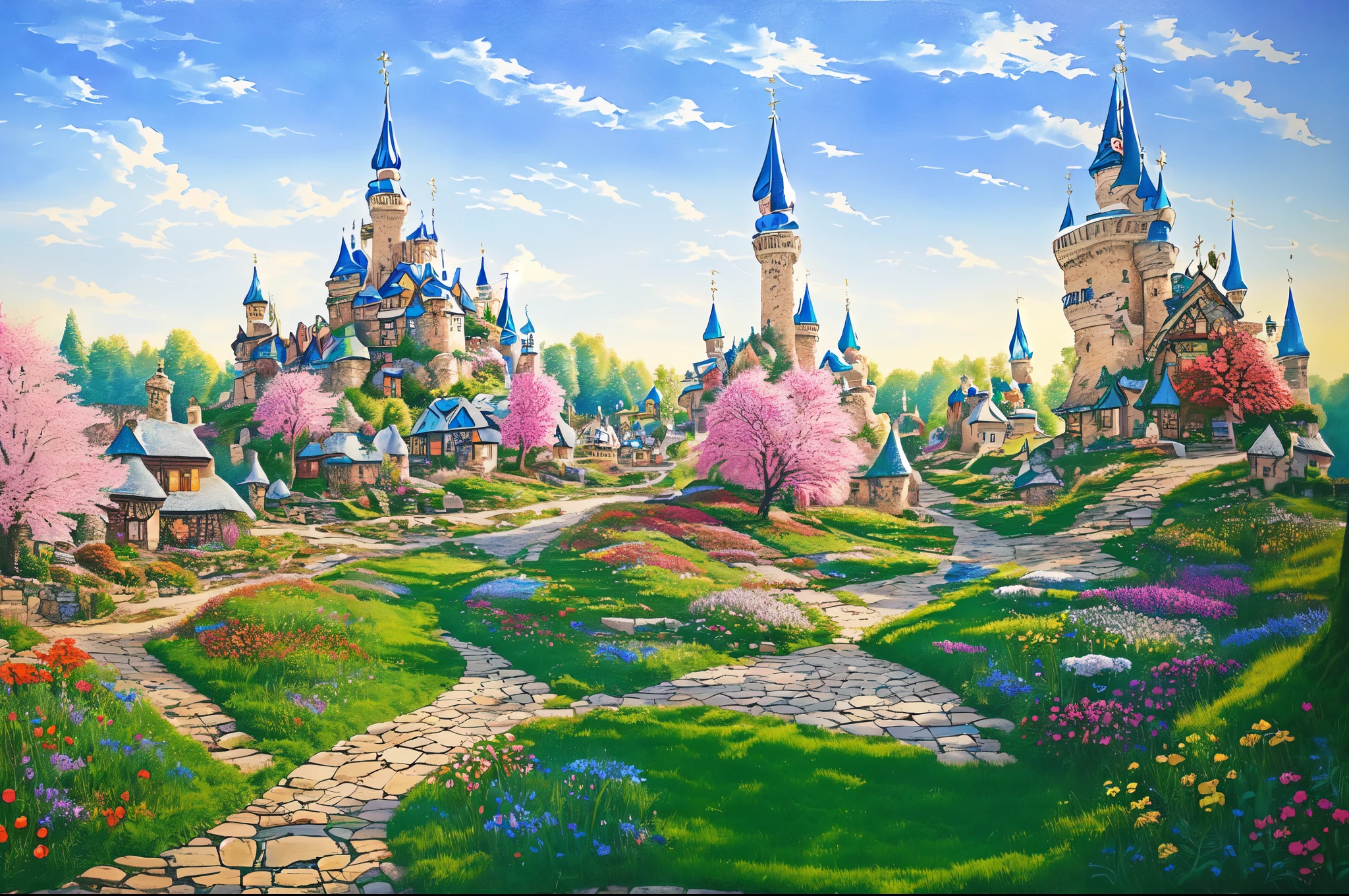 picture of a fairytale village with a path, leading to the house, whimsical fantasy landscape art, sunshine and quaint houses, whimsical art, The Magic Village, fantasy village, fairytale picture, fantasy city, author Maria Bashkirtseva, medeival fantasy city, by Nadya Rusheva, field of fantastic flowers, A fairytale place, fantasy, acrylic, canvas