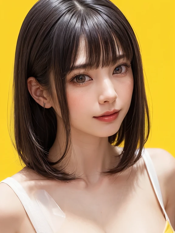 (software:1.8、obra maestra, Of the highest quality),1 chica, alone, hyper realista, realista,realista, mirando a la audiencia, light brown eyes:1.4,Brunette Pelo Corto Bob with highly detailed shiny hair, ropa roja brillante:1.4, Lepangas:1.4), boca cerrada, parte superior del cuerpo、grande Pecho eye、eyelash、{Enorme|grande Pecho|Enormeな|Mega} entero :2, Pecho's cleavage:2、(((Add highlights to the eyes.:1.4、grande Pecho eye、Pelo Corto Bob、Piel brillante:1.4、mirando a la audiencia、ella es muy hermosa y linda、show me your ears、Hermoso cuello largo、sonrisa、Close your mouth and sonrisa、Flequillo y dientes bonitos.)))、Tipo de cuerpo ideal、((Hermoso fondo rosa:2、paisaje amarillo rojo en blanco simple:2、Fondo blanco muy sencillo.:2))、Hermoso cuello largo:1.4、(({enorme|grande|Enorme|Mega} Pecho, Pecho's cleavage:2))、(((Retrato:2、primer plano de la cara:2、primer plano de la cara:2)))、perfect anatomy
