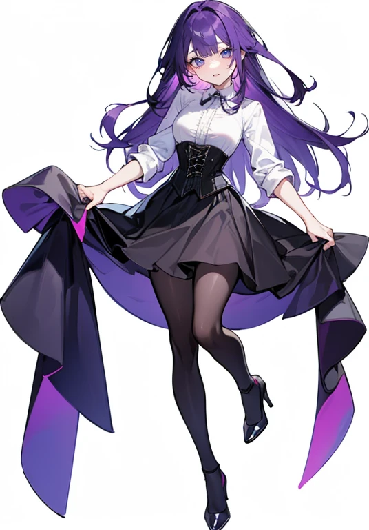 ((Perfect Face)),Purple Hair,long hair,Adult female,White shirt,((Shirt with rolled up sleeves)),(((Roll up your sleeves))),((corset)),skirt,(High heels),((Simple White Background)),((full body)),((Full Body)),
