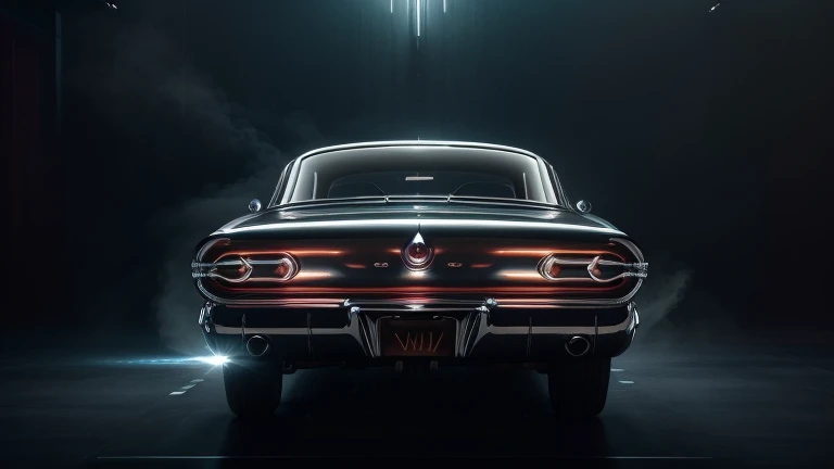 1960s luxury sedan, rear view, futuristic fantasy, epic sci-fi scene, intricate detailed design, glossy metallic body, glistening chrome accents, dramatic lighting, moody atmosphere, cinematic composition, photorealistic rendering, masterpiece, (best quality,8k,highres,masterpiece:1.2),ultra-detailed,(realistic,photorealistic,photo-realistic:1.37),cinematic lighting,dramatic shadows,volumetric fog,glowing energy field,gleaming chrome,aerodynamic body,intricate details,sleek and stylish