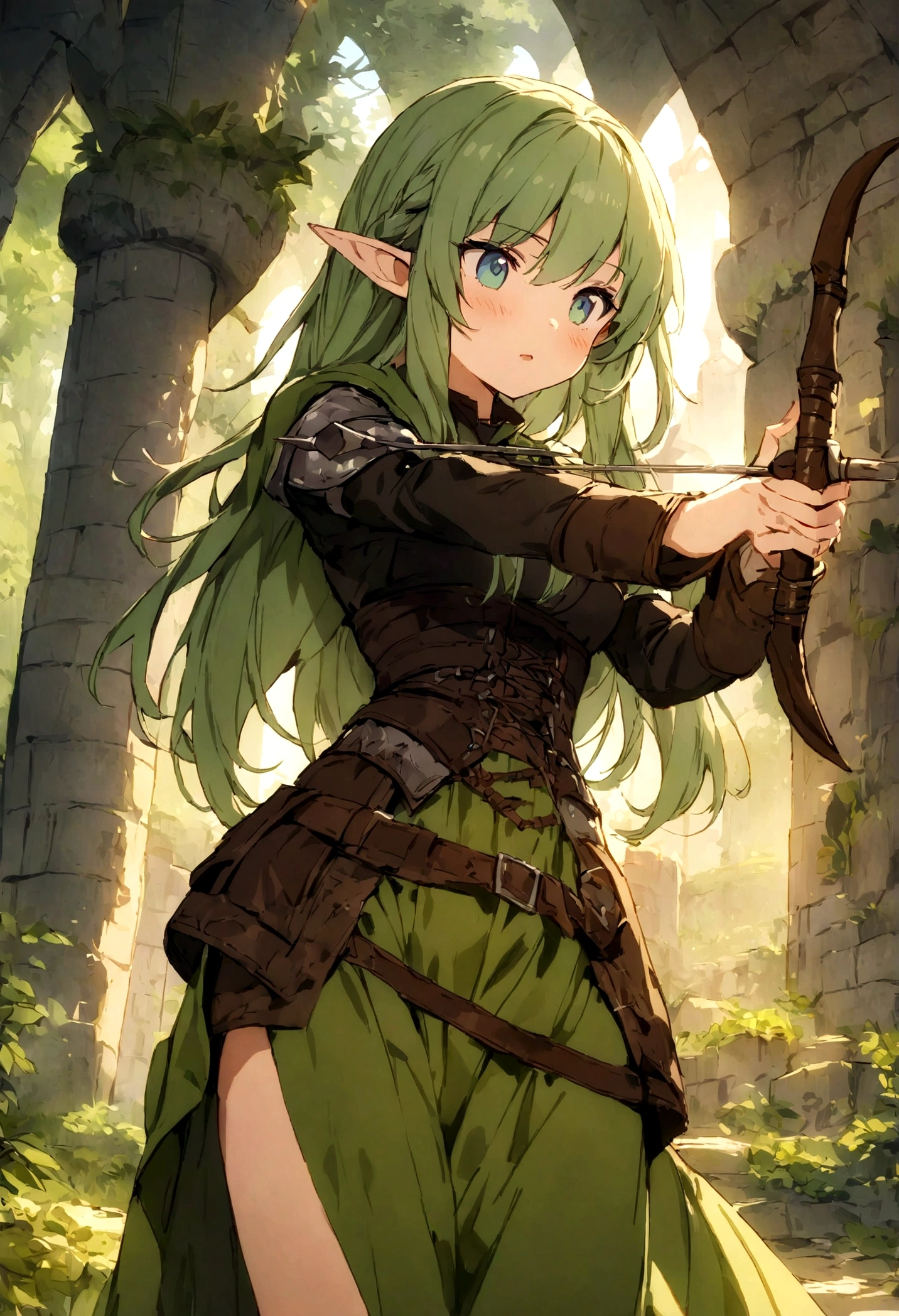 (masterpiece:1.2),(anime),(Medieval Background),(Elf sisters)、((Ready your bow)),((Shoot a bow))、Rogue Outfit、(Archer)、in the forest、((Fantasy)),Fantasy、cute、Light Effects