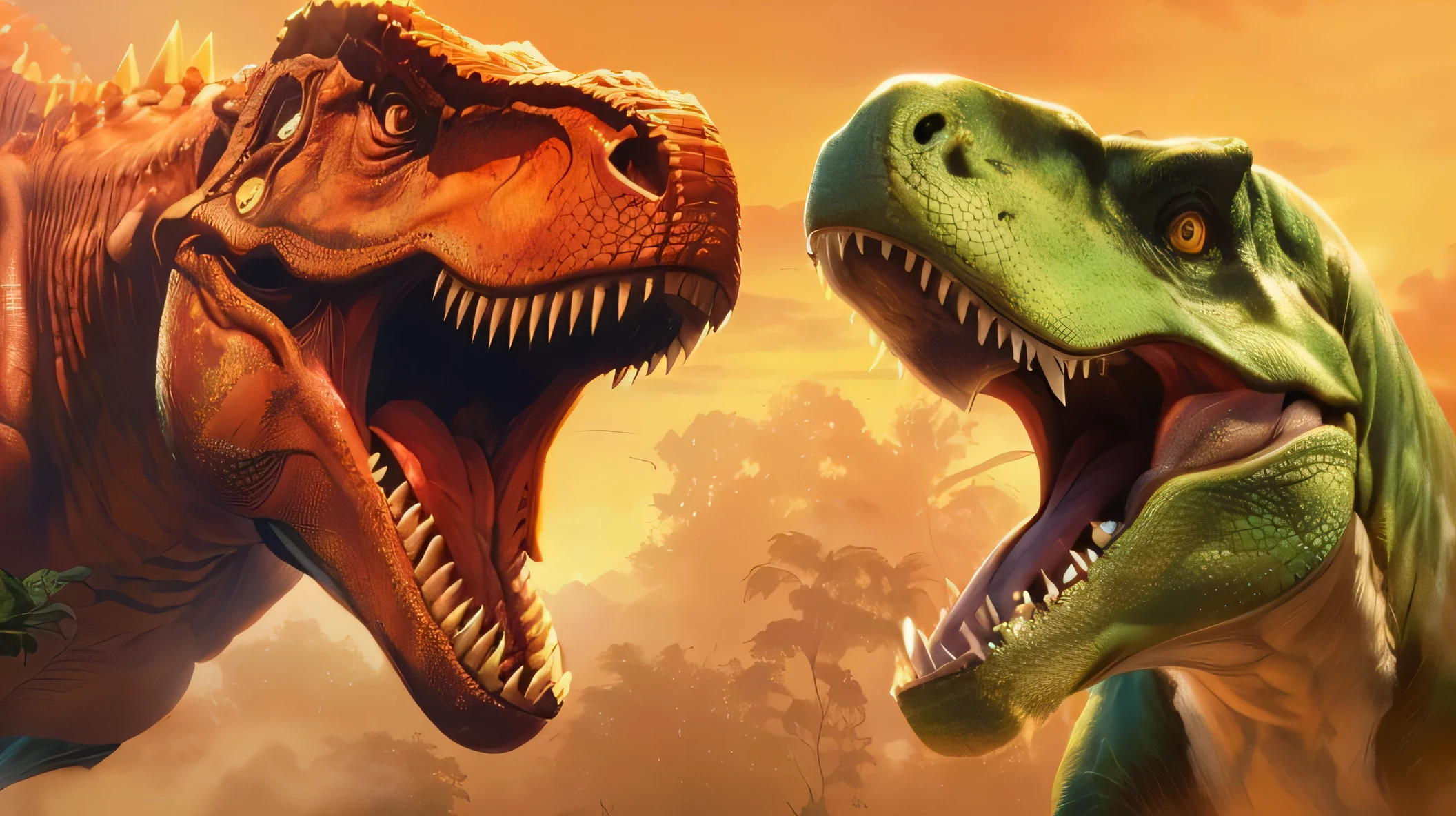 a dinosaur and a tyrannosaurus rex fighting in a dense jungle, jurassic period, dinosaur, tyrannosaurus rex, apex predator, jurassic, carnivorous dinosaur, tom cruise vs tyrannosaurus rex, incredibly realistic, tyrannosaurus, tyrannosaurus rex, at the time of dinosaurs, by artist ivan ranger, hyperrealistic，8K Super Fine details，Super Fine，Rich in details