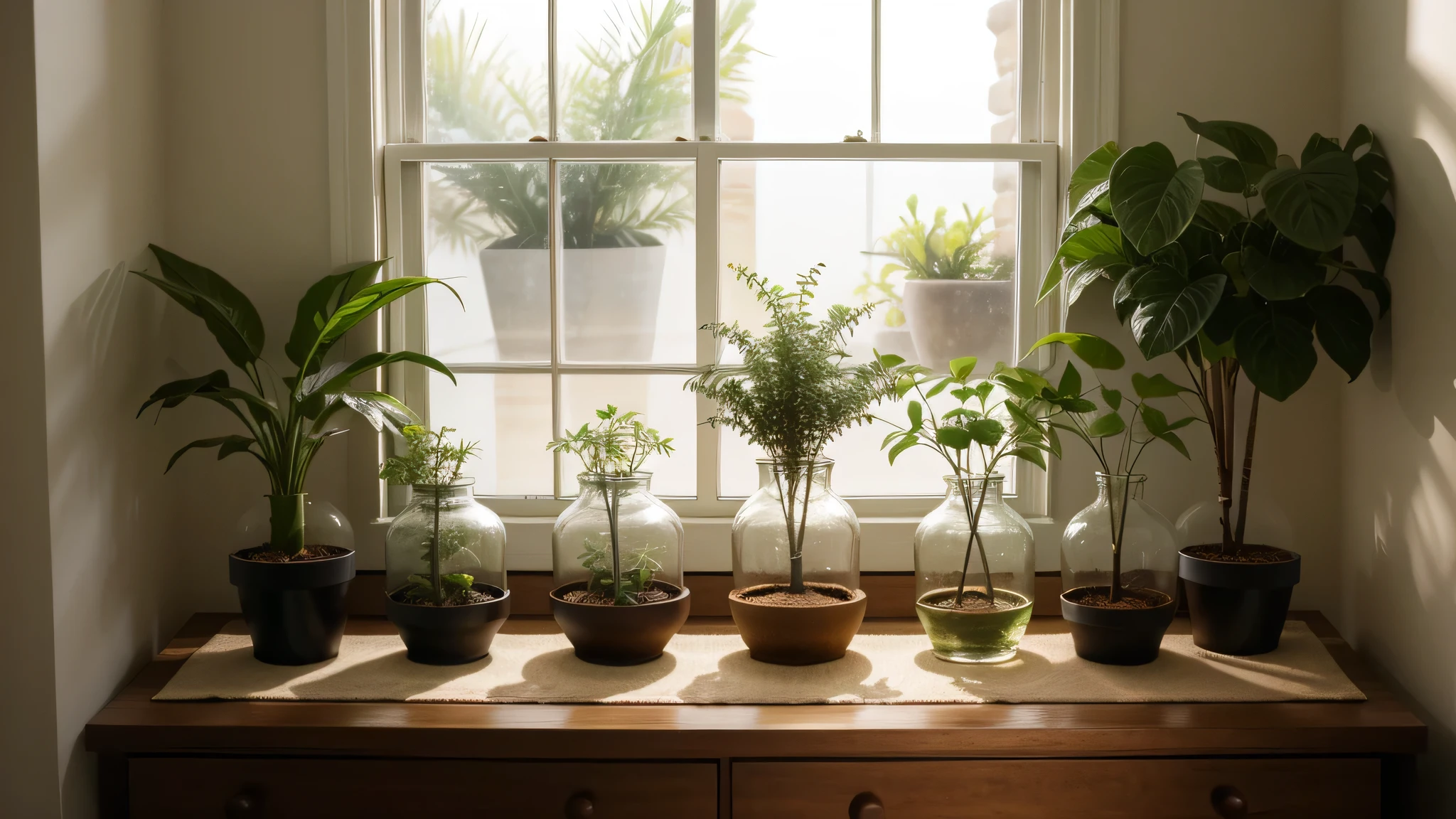 「Vintage style１Housed in two large glass containers、Delicate and multi-Mr.In a terrarium filled with plantr.々The green plants are harmoniously arranged、Small stones and tree branches are scattered around。Warm light pours in、It&#39;s like a small world unfolding inside a terrarium.、Generate realistic and beautiful wallpapers。」, Photos taken by professional photographers, Super fine, Masterpiece, 8k