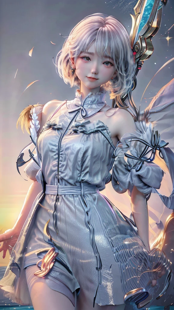 (Masterpiece), ((Highest quality)), (Extremely detailed), ((very delicate and beautiful)), (Incredibly ridiculous))), (ร่างกายatสมบูรณ์แบบ))), 1 woman, fluorescent white particles, fight, Holding_sword, Blonde Bob, conjunctivitis, Seventeen years old, outdoor, sky, full aura, big, white tattered dress, bare shoulders, small smile, sea + background, wind, มือatสมบูรณ์แบบ, hand details, นิ้วatถูกแก้ไข. earring, look_at_viewer, Cowboy Shot, รายละเอียดatหลากหลาย, คุณภาพของภาพatสมบูรณ์แบบ
