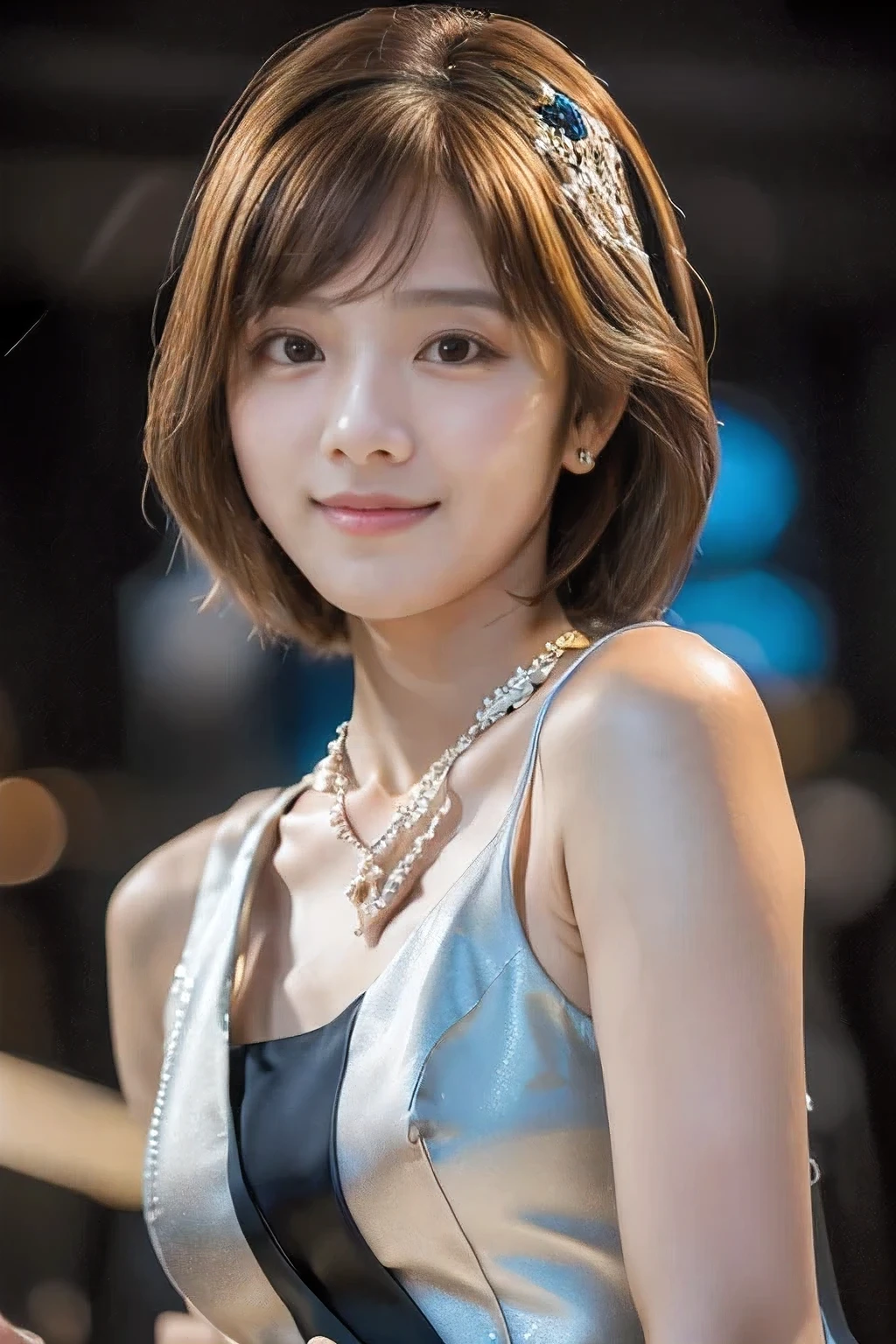 (An 18-year-old woman at a party:1.5)、(Gentle smile:1.2)、(The best quality at its best:1.4), (Super detailed), (Very detailed CG unified 16k), Beautiful woman with perfect figure: 1.4, Sharp focus: 1.2, Very detailed, High-quality RAW color photos, Professional photography, Great face and eyes, cosmetics, (Amazingly beautiful girl), ((Formal party dress:1.5)), Sexy posture，(View from below), Realistic movie faces, Full body long view from head to toe, Realistic, ((Realistic natural orange red hairstyle)), ( Short Bob Hair:1.5), (necklace:1.5)、, Very beautiful face, Perfect model beauty, Mouth swelling, Highly detailed face and skin texture, Fine grain, double eyelid, Medium chest, smile, (masterpiece), highest quality, High resolution, Very detailed, Blurred Background, Depth of written boundary, Cinema Lighting, Great legs, , Clear, well-maintained skin,