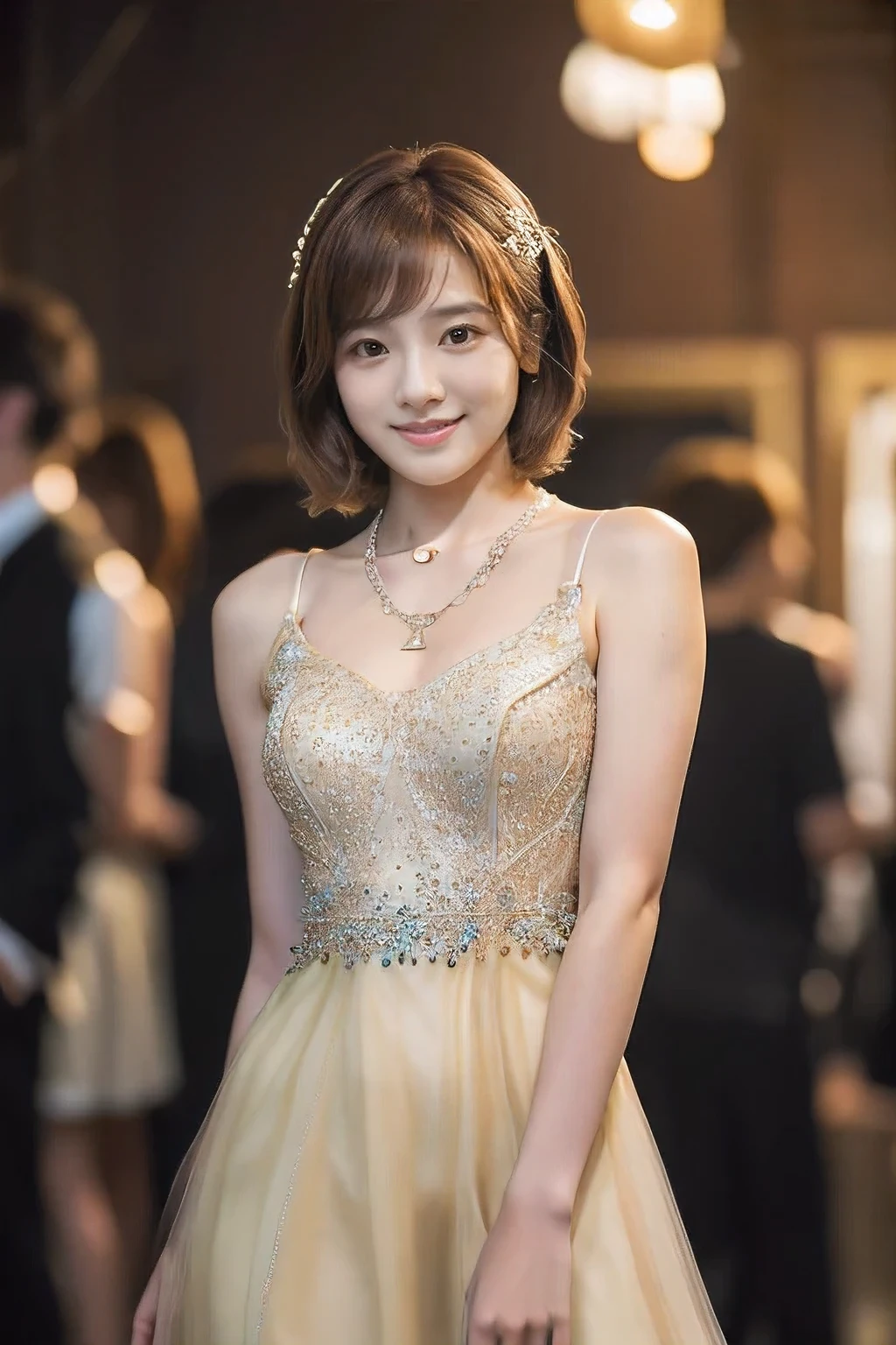 (An 18-year-old woman at a party:1.5)、(Gentle smile:1.2)、(The best quality at its best:1.4), (Super detailed), (Very detailed CG unified 16k), Beautiful woman with perfect figure: 1.4, Sharp focus: 1.2, Very detailed, High-quality RAW color photos, Professional photography, Great face and eyes, cosmetics, (Amazingly beautiful girl), ((Formal party dress:1.5)), Sexy posture,(View from below), Realistic movie faces, Full body long view from head to toe, Realistic, ((Realistic natural orange red hairstyle)), ( Short Bob Hair:1.5), (necklace:1.5)、, Very beautiful face, Perfect model beauty, Mouth swelling, Highly detailed face and skin texture, Fine grain, double eyelid, Medium chest, smile, (masterpiece), highest quality, High resolution, Very detailed, Blurred Background, Depth of written boundary, Cinema Lighting, Great legs, , Clear, well-maintained skin,
