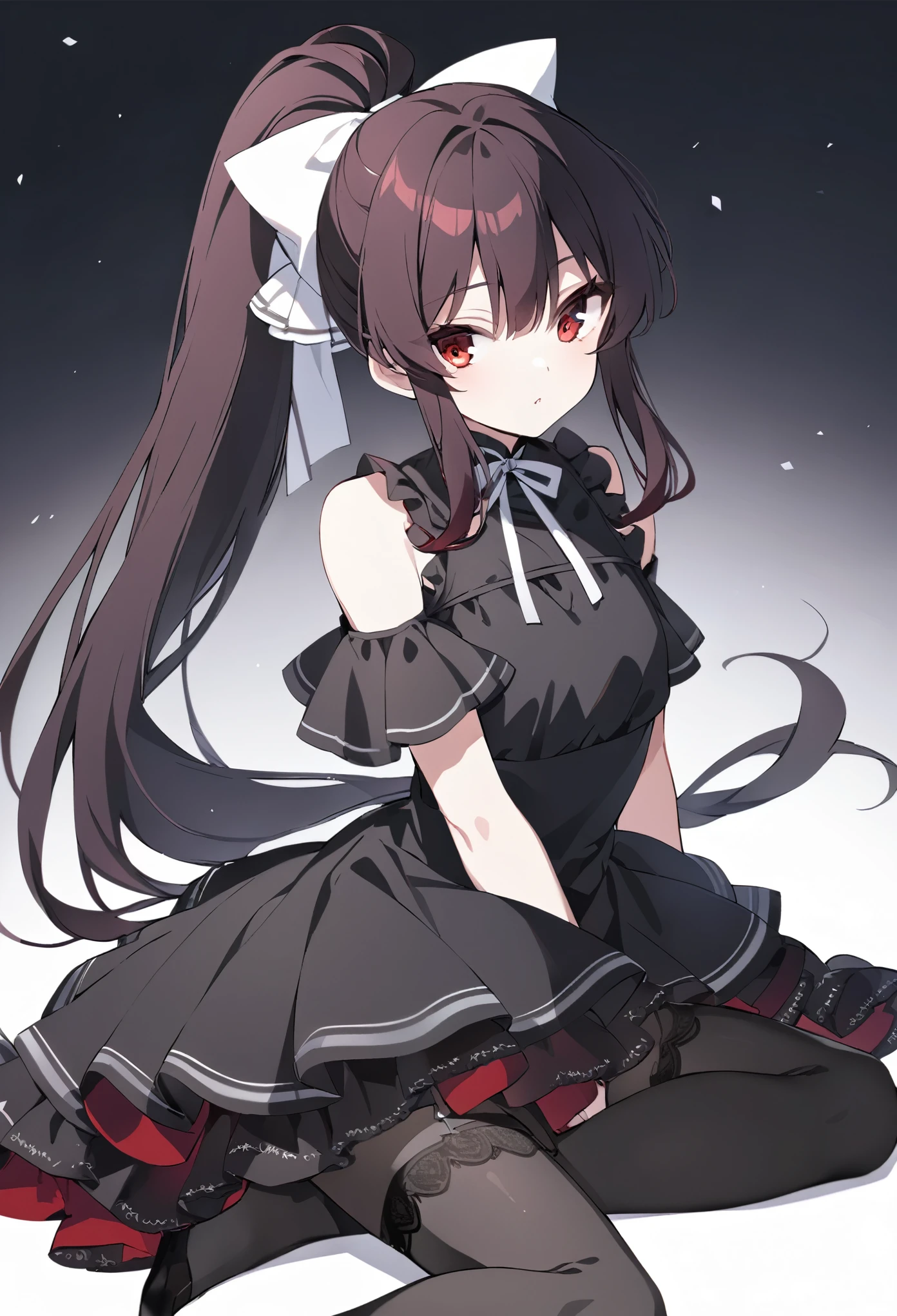((Black, long ponytail hairstyle)), ((Red eyes)), ((Wearing a ruffled shoulders black dress)), ((White ribbon)), ((Black stockings)).