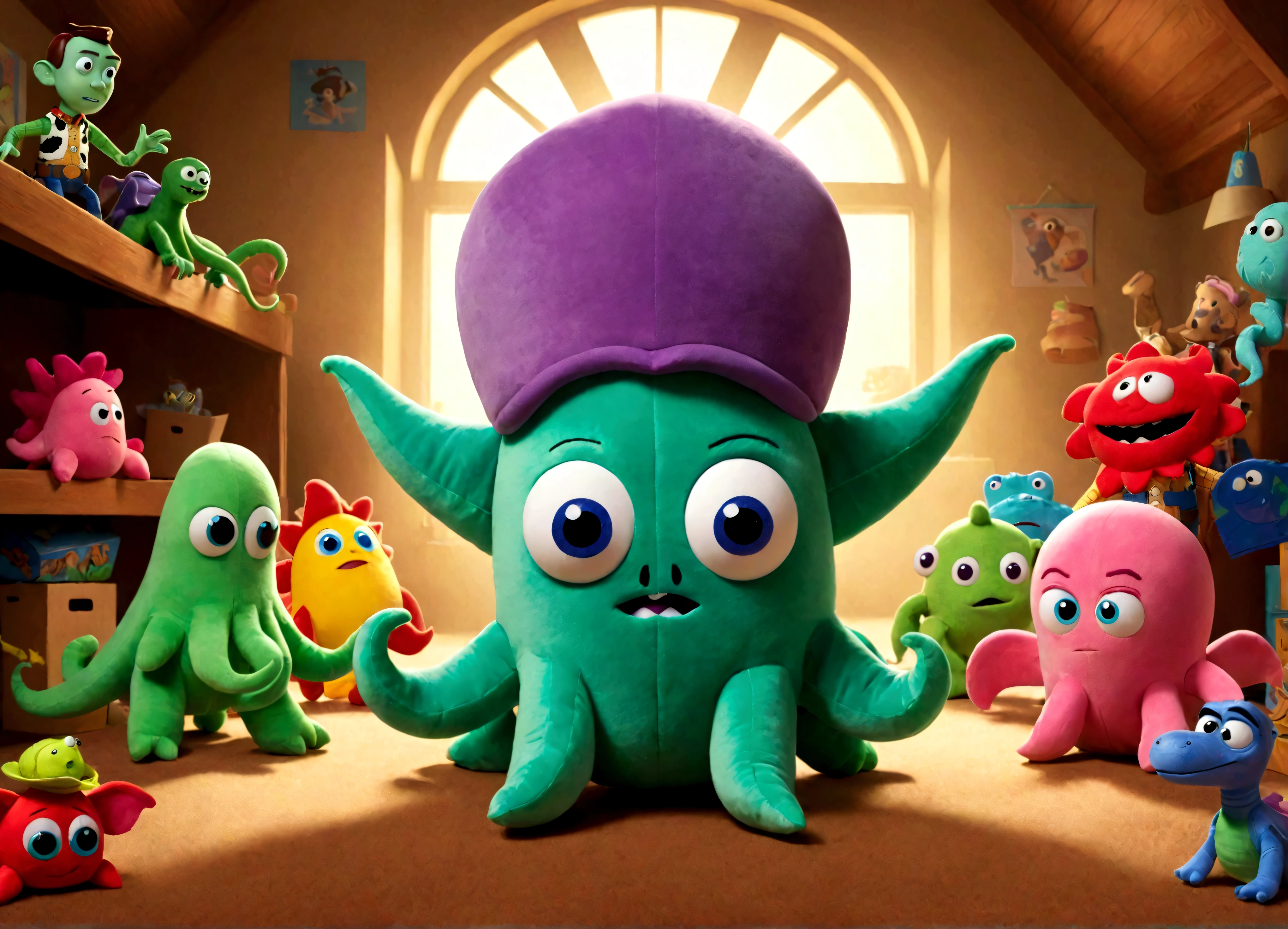 Pixar style plushy Cthulu rising from Andy's toybox to destroy the cast of Toy Story