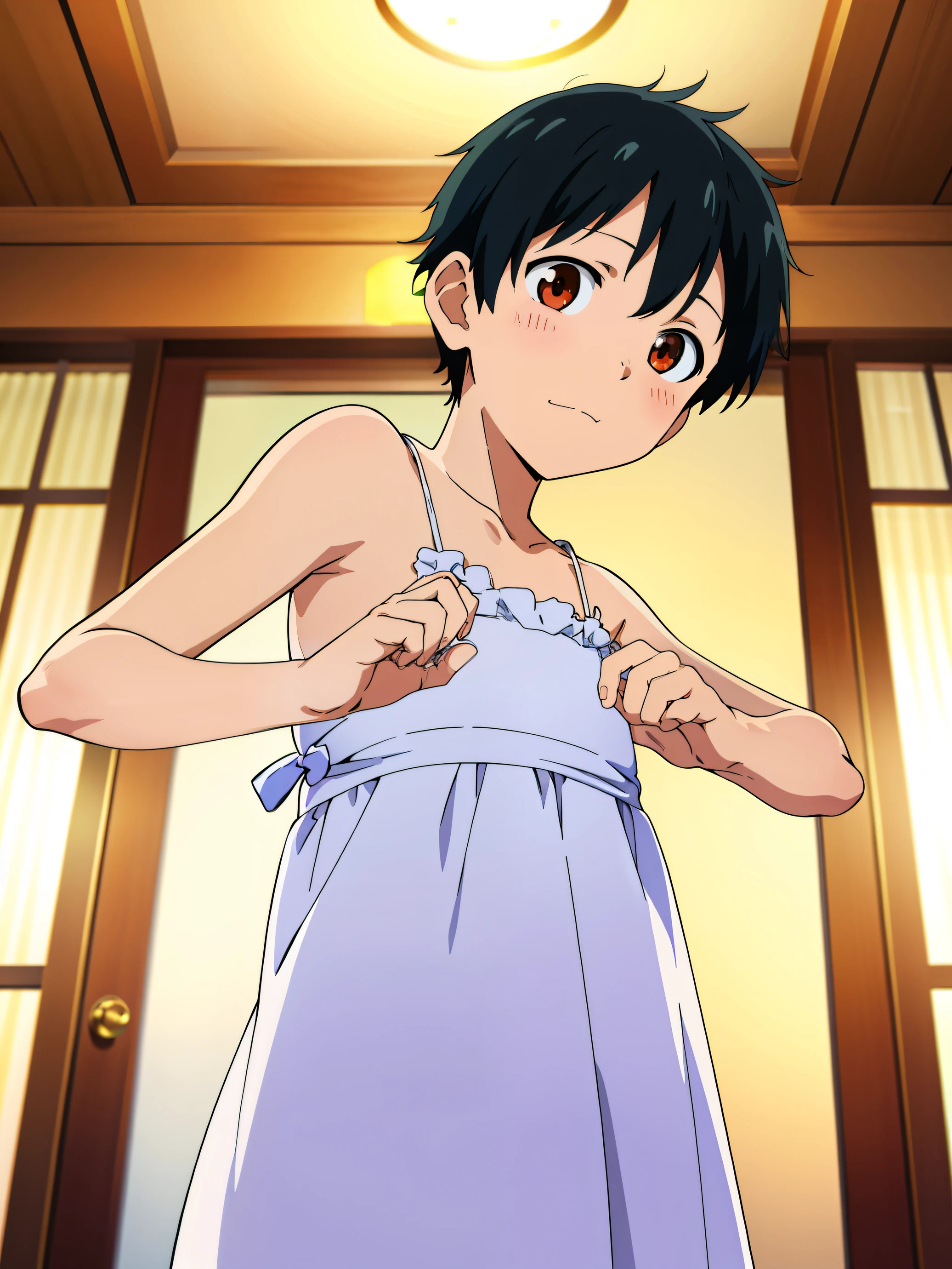 Anime style, Highres, Masterpiece, Best quality at best,High-quality illustrations, Best Quality,hight quality, hight detailed, Depth field, Anime screencap style, 1boy,, Shota, Solo person, Wedding party, cute face, adorable boy, hotel, Libido boy, Cheerful boy, Slip dress, Body, Seen from front, boy focus, Uhd, 4k