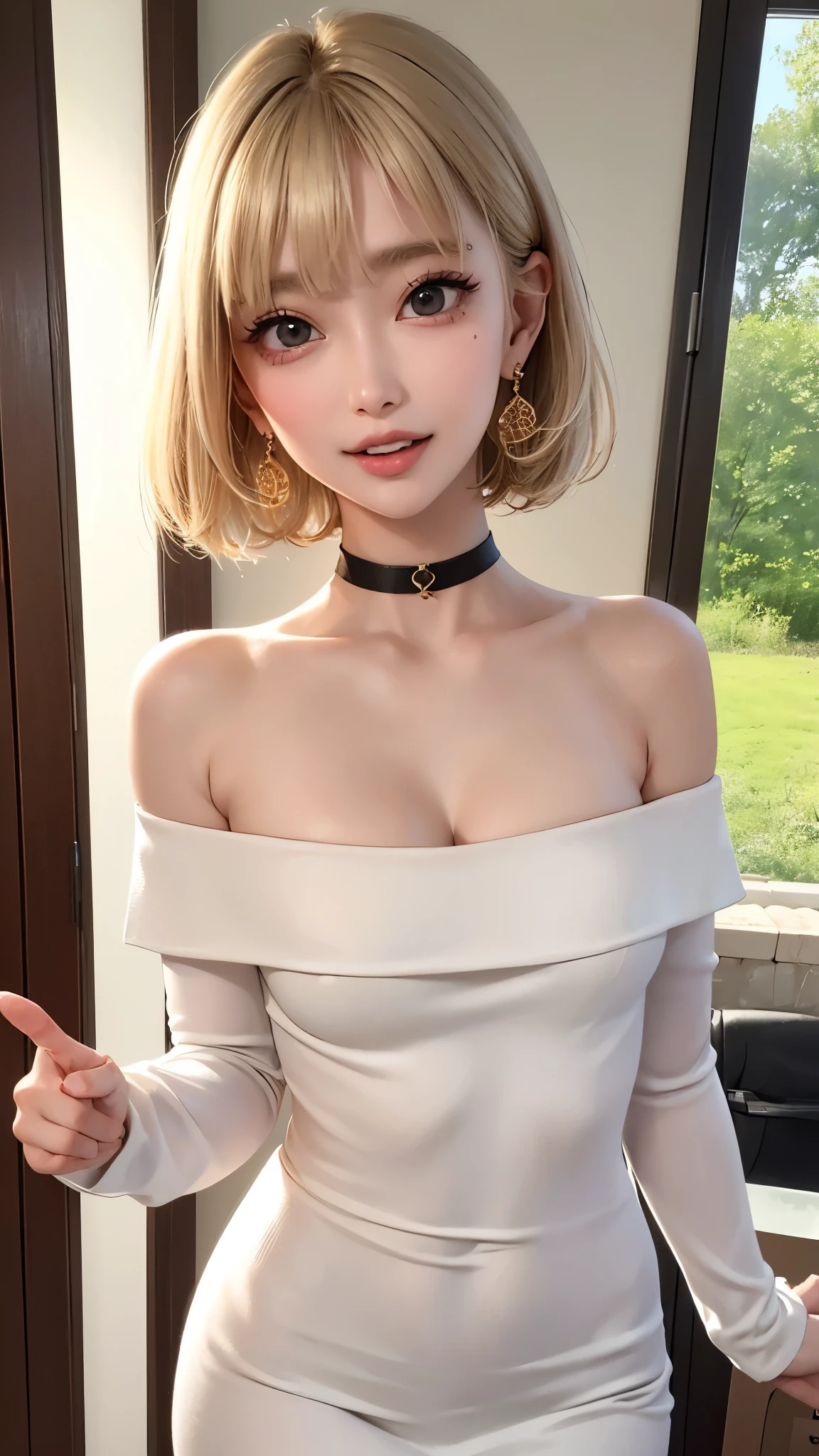 1 Girl、solo、masterpiece,highest quality,High resolution,Very detailed, skinny,Black Choker,Earrings,Big cleavage、Off-the-shoulder tight sweater dress,

 Cute pose、(((Open your mouth))), Heavy breathing , (aheghentai face:1.5), 
Blonde pixie short hair、
(((Accurate 5-finger)))、Accurate human body、The perfect human body、((Captivating smile ))、

entrance、indoor、open the door、Detailed Background、