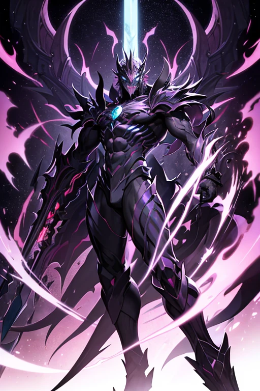 Male monster, with an ever-changing form, parts of his body constantly shifting into various weapon shapes. His skin glows with an iridescent sheen, symbolizing, Eyes that burn with a mix of madness and fury, giving off an unsettling aura, His constantly shifting form and iridescent skin symbolize his chaotic nature and the amalgamation of countless weapons and powers (detailed eyes) (high quality anime)