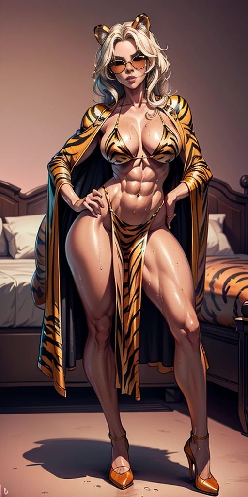 Full body, masterpiece, 1solofeMILF standing pose (yellow tiger bikini) long cape, long white hair, strong body, abs, Ultra Quality, shiny skin, Atmospheric, 8K, Cinematic ((pink bedroom background)) BREAK, sunglasses (wet body:1.2) ultra-detailed face, detailed lips, detailed eyes, double eyelid, sensual low-necked dress, open neckline, side pose, visible curves, transparent robe, sunglasses, muscular turned leg
