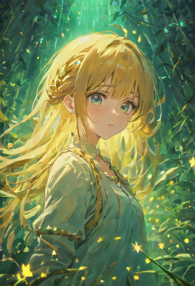 (8K, top quality, masterpiece: 1.2), (realistic, photorealistic: 1.37), Super Detail, one girl,Hair is golden, wide viewing angle, Firefly Garden, lots of small weak light and flying fireflies, night