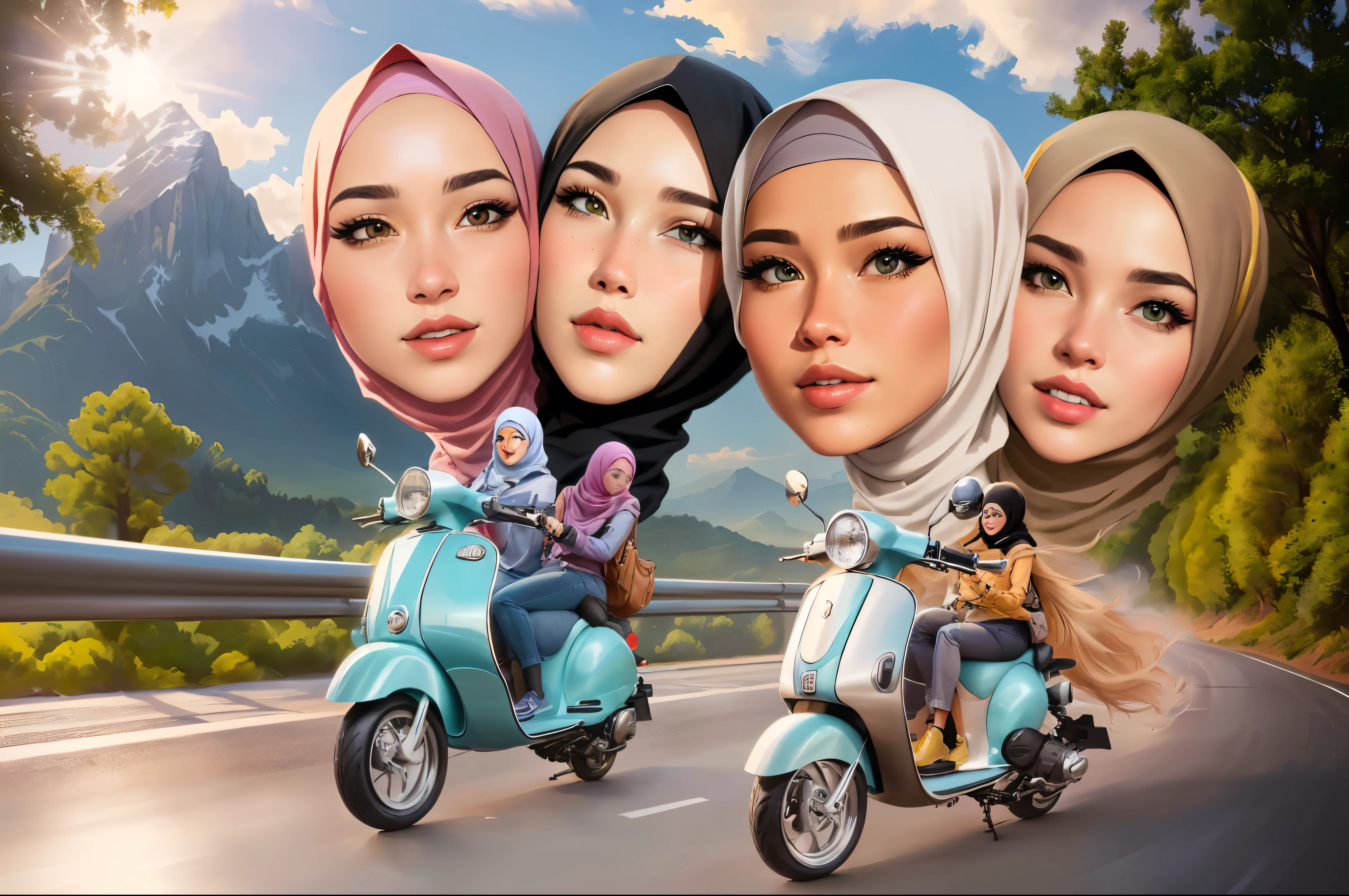 Four women hijab riding a scooter,Using scooter motorbikes with different colors, mountain background, caricature illustration, realism artstyle, caricature style, cartoon artstyle, in style of digital illustration, inspired by JoWOnder, digital art cartoon, cartoon digital art, cartoon style illustration, cartoon digital painting, cartoon art style, inspired by Rudy Siswanto, hyperrealism artstyle, in cartoon style