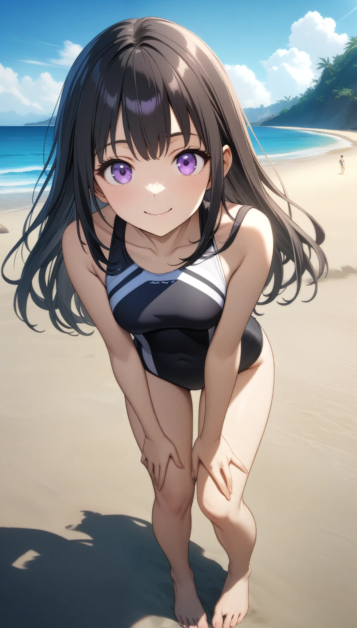 32k, best quality, ultra high res, HDR, UHD, extremely detailed CG, unity 32k wallpaper, very cute, , 1 person, Purple eyes, (Black competitive swimsuit), Beach, Long black hair, (medium breasts), Embarrassing, smile,