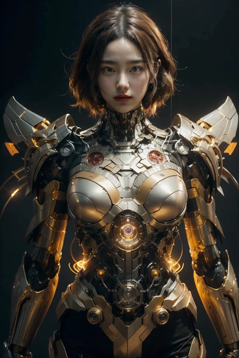 ((Masterpiece, best quality)), illustration, 8K ultra-detailed, realistic, clear focus, highly detailed, professional lighting, gold and red colored details, rainbow color break, super long factory photo, large mechanical robot structure, microchip, computer, luminescence, intricate details, shitu-mecha, 1girl, wearing mecha, sports pose,large breasts, black