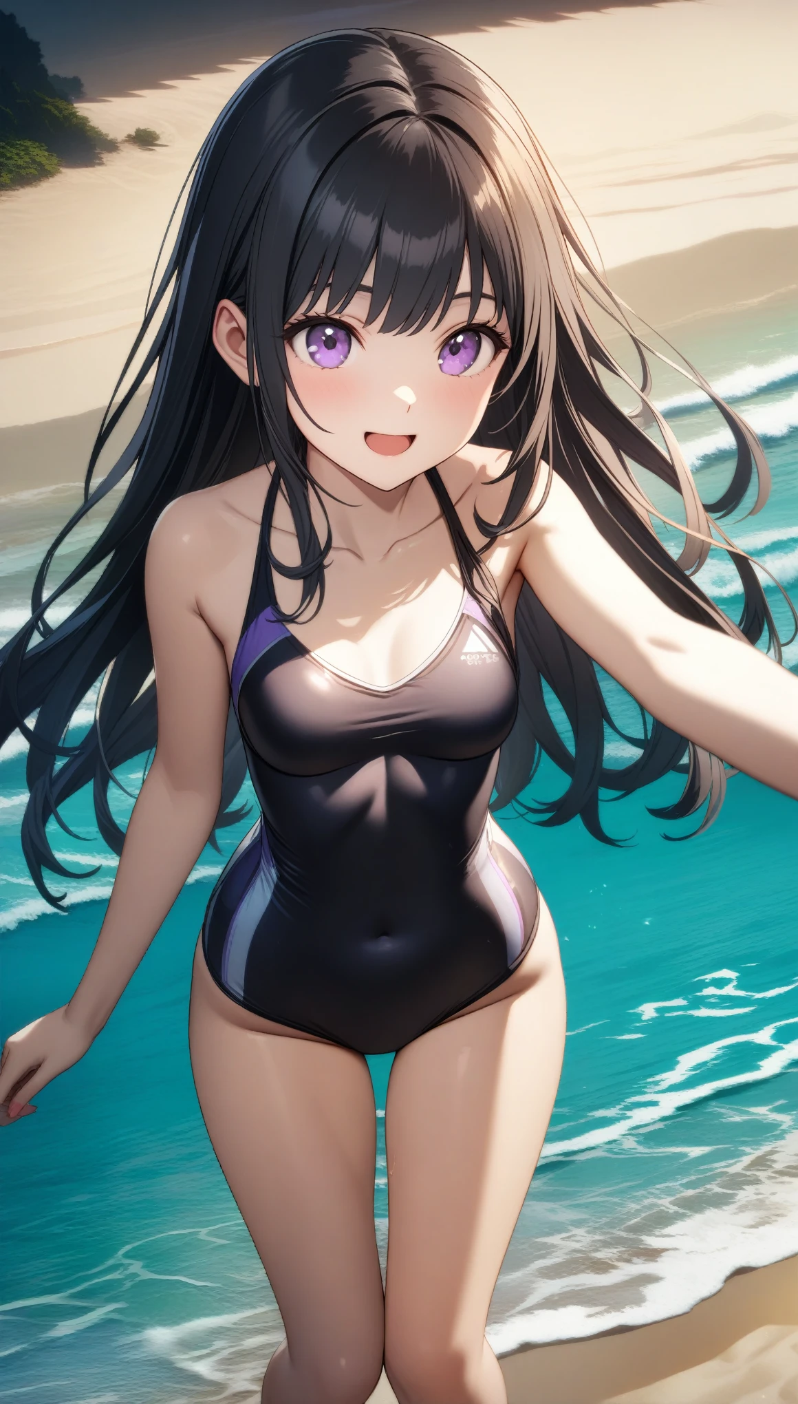 32k, best quality, ultra high res, HDR, UHD, extremely detailed CG, unity 32k wallpaper, very cute, 16-year-old girl, 1 person, Purple eyes, (Black competitive swimsuit), Beach, Long black hair, (medium breasts), Embarrassing, smile, 