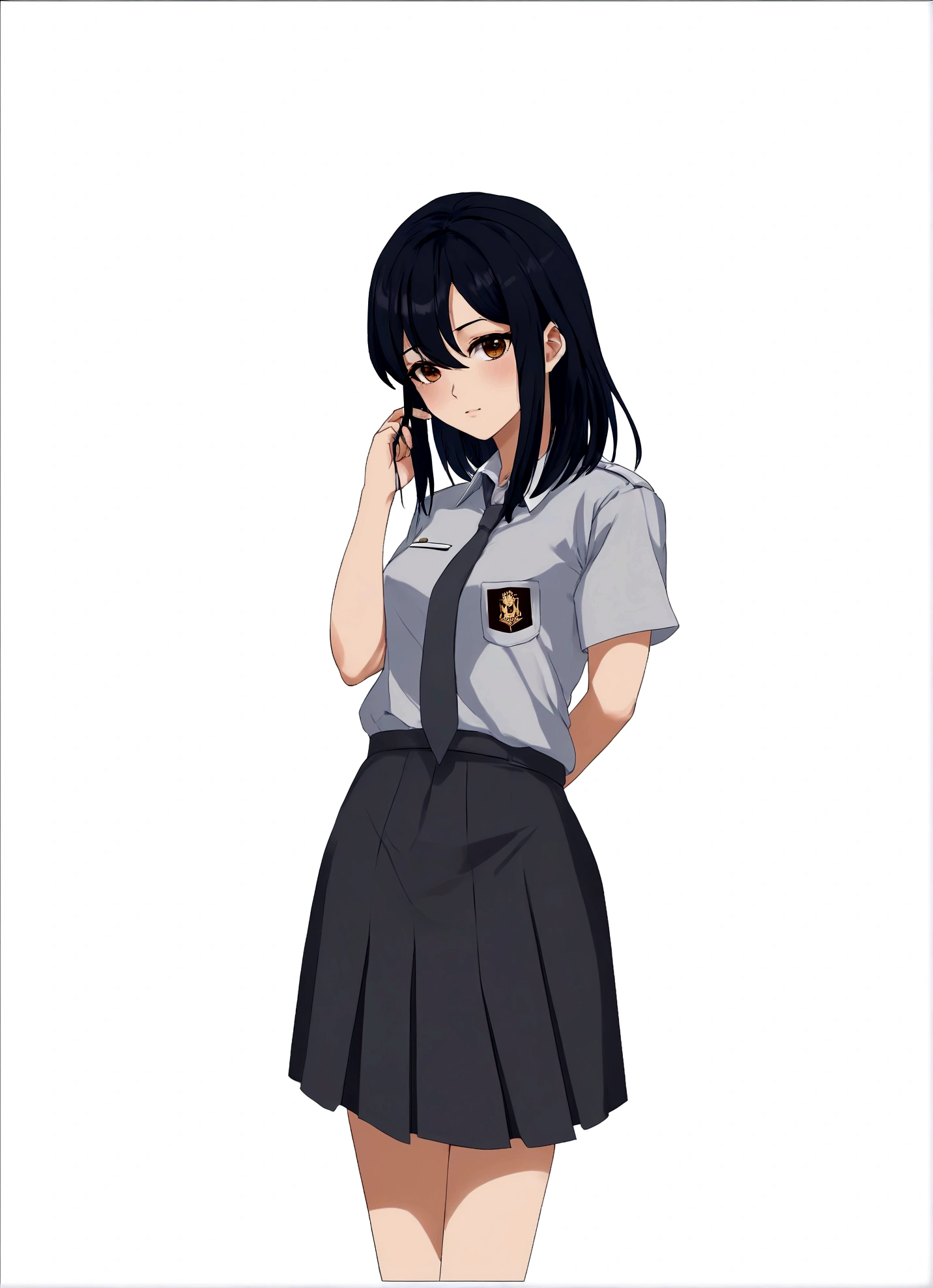 a girl short hair, blue black hair, brown eyes, wearing white uniform, gray tie and gray skirt