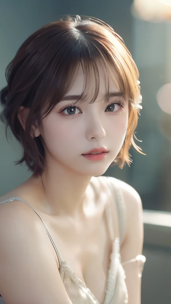 very small flat chest:1.2、(Showing small breasts:1.3)、Wearing makeup:1.3、Close-up of face:1.4、(((looking at the camera:1.4)))、{{masterpiece}}, {{highest quality}}, {{Very detailed}}, {{Small breasts}}, Cinematic Lighting,Beautiful and delicate shine, Dynamic Angle, Depth of written border, Light_leak, wonderful, Fine details, 4K, 8k,Japanese Idols, Brown hair short cut:1.3、, The background is a single grey color:1.3、, Dreamy look, Bright and warm tones, {Sexy pose},