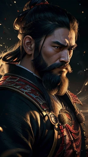 <=(Great image quality)Dark atmosphere with bright particle lights(Many effects in the background),Oriental、Men in ancient Chinese costumes、ancient chinese hairstyle men、Three Kingdoms、Multiple warlords、highest quality、masterpiece、Ultra-high resolution、(Realistic:1.4)、Game Poster、Crisp and beautiful image quality、Red clothes、Long beard、Embroidered cloth wrapped around a topknot、