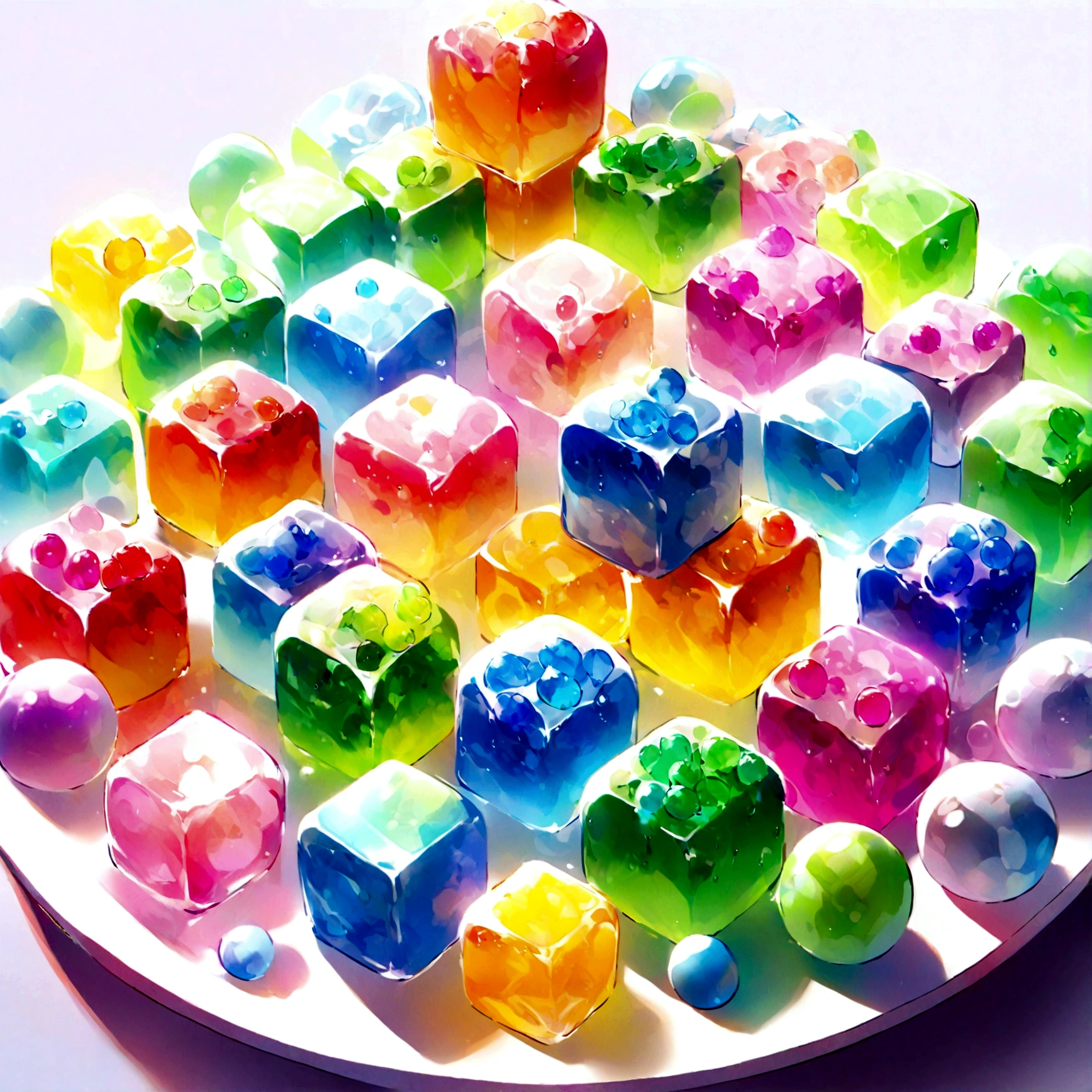 The Gelatinous Cubes are a dazzling array of bite-sized treats, each cube exhibiting a vibrant and otherworldly glow. These cubes are slightly translucent, allowing glimpses of the magical ingredients suspended within. They come in an assortment of jewel-toned colors such as emerald green, sapphire blue, amethyst purple, and ruby red, each hue intensified by the arcane food coloring used in their creation.