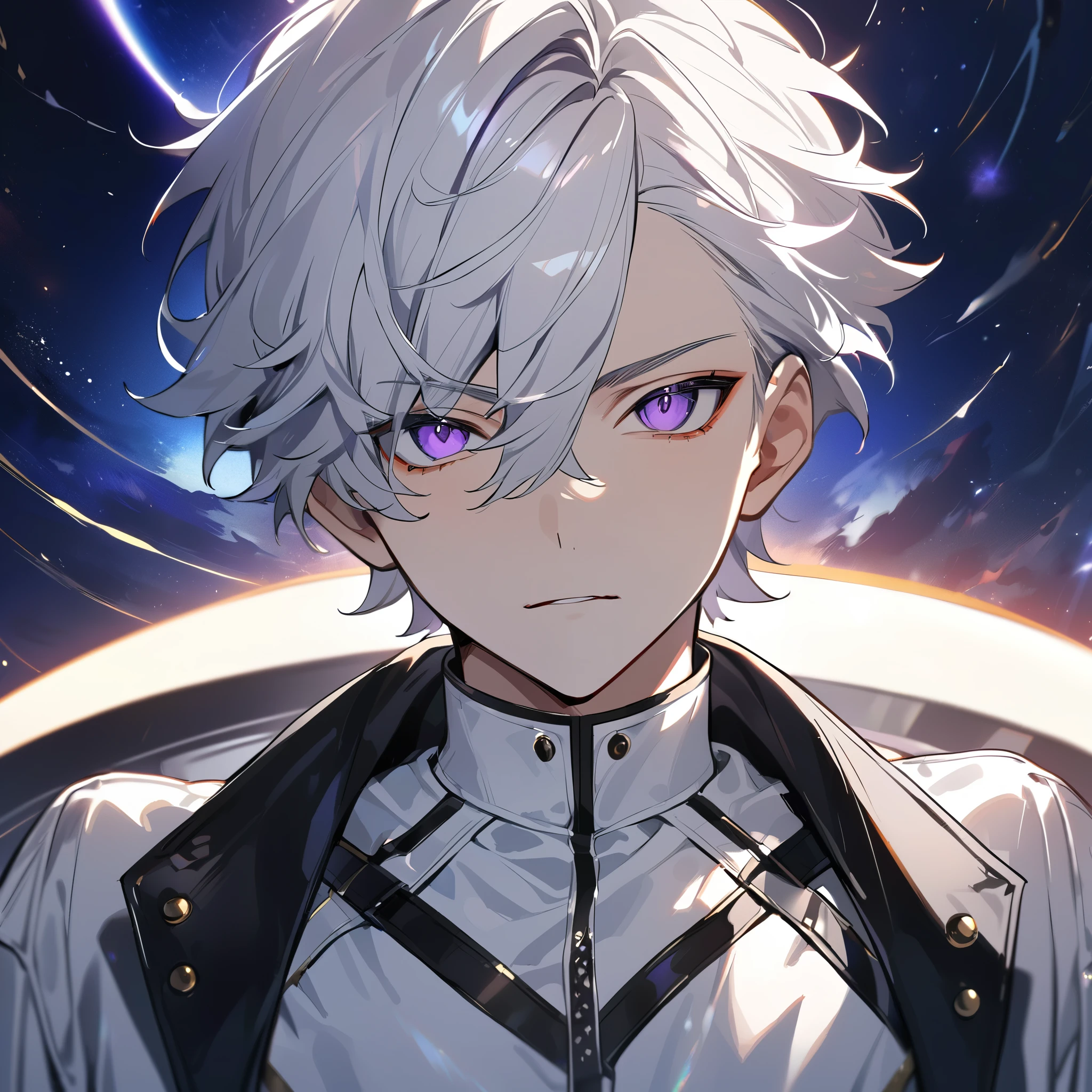 High quality, HD, 4k, handsome male, 1male, 17 years old, teenager, golden lining, short white hair, sharp eyes, dark purple eyes, devil may cry, close up, calm expression, stoic expression, black leather clothes, white leather clothing, looking at viewer, cowboy shot, white solar, space background