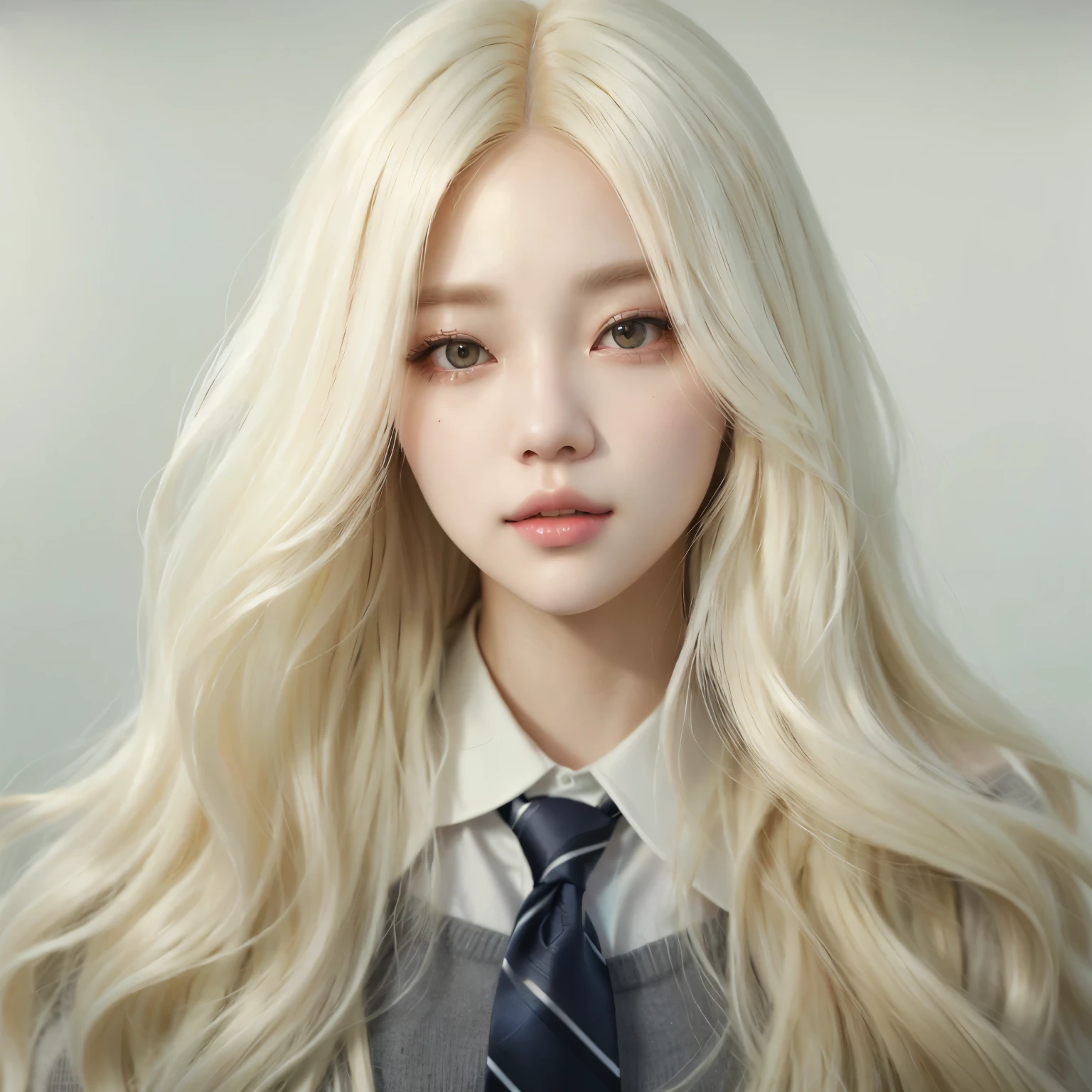 blonde haired girl with long hair wearing a tie and a sweater, portrait of female korean idol, portrait of kpop idol, a hyperrealistic , hyperrealistic , portrait of jossi of blackpink, girl with white hair, artwork in the style of guweiz, her hair is white, kawaii realistic portrait, with white long hair, with long white hair
