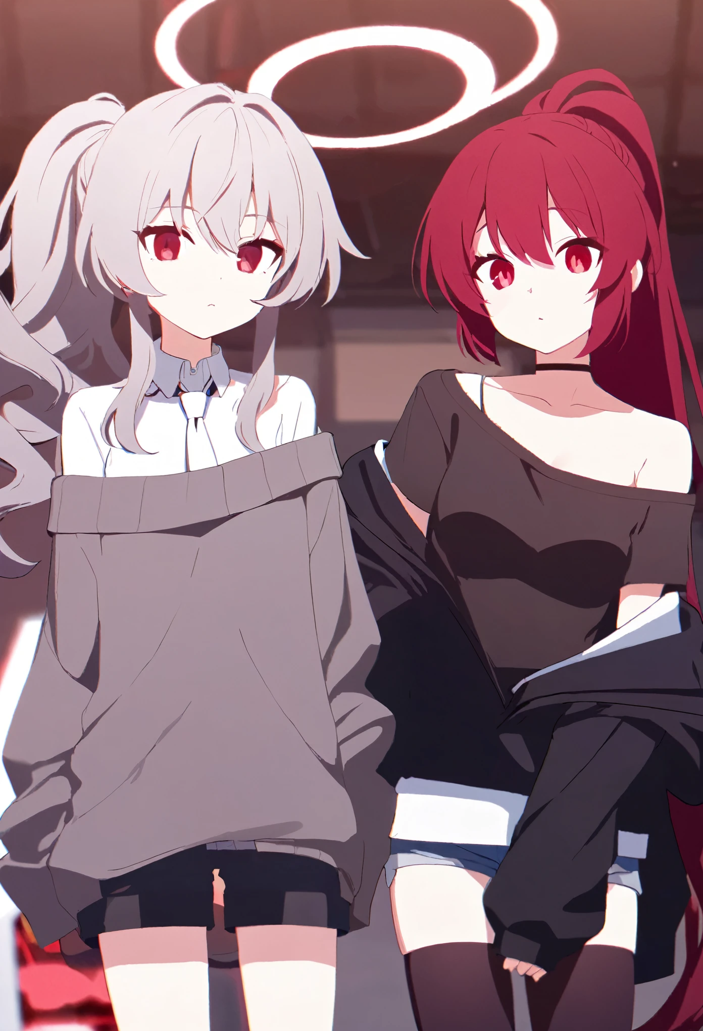 ((Black, long ponytail hairstyle)), ((Red eyes)), ((Wearing an offshoulder sweater with shorts)), ((White tie)), ((Black stockings)).