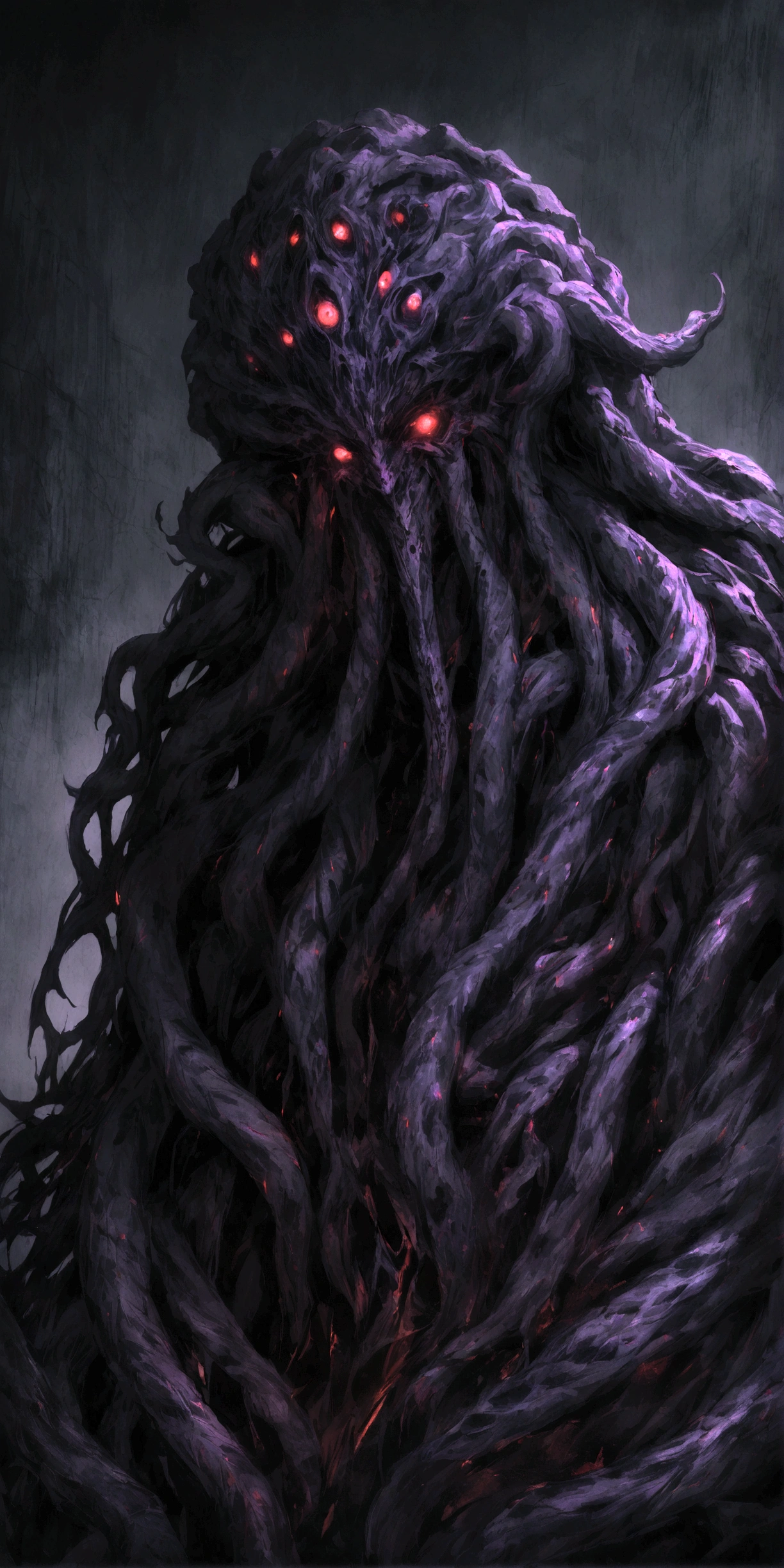 A Cthulhu style god of death, dramatic lighting, dark moody atmosphere, supernatural horror, intricate textures, glowing skin, intense gaze, dramatic shadows, moody colors, dark fantasy