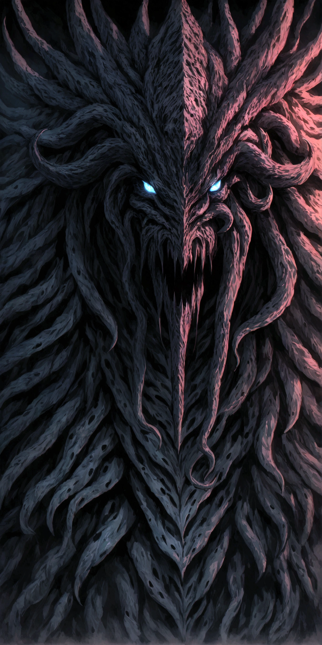A Cthulhu style god of death, dramatic lighting, dark moody atmosphere, supernatural horror, intricate textures, glowing skin, intense gaze, dramatic shadows, moody colors, dark fantasy