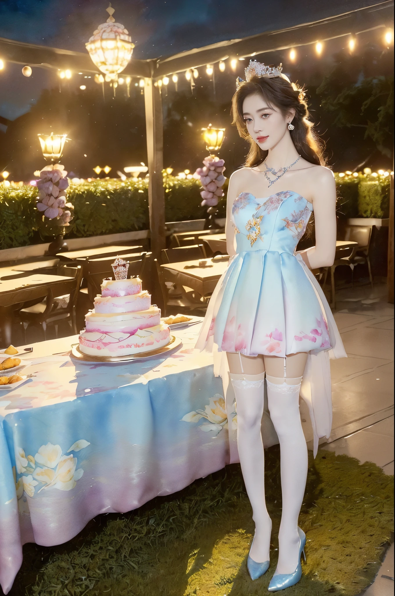 ((((8k))),((Extremely meticulous CG)) ,(wallpaper),16k,((Extremely refined and beautiful)),(((Masterpiece))),(((best qualtiy))),(((Ultra High Resolution))),beautiful light up,Perfect lightning,realistic shaded,((high resolution)),(Smooth and flawless fair skin:1.5),(pale skin:1.3),(Extremely exquisite facial details:1.2),(perfect body:1.1),(ultra-detailed),A beautiful girl,solo,(small head:1.2),(princess crown:1.2),(messy hair:1.2),(earrings:1.2),(small face:1.2),(Exquisite makeup:1.2),(blush:1.3),(small breasts:1.2),(flat chests:1.2),((slim,thin)),(laughing:1.2),(crystal necklace:1.2),(gorgeous blue floral dress:1.3),(stockings:1.5),(high heels:1.2),(night scene:1.5),(In a luxurious restaurant:1.3),(candlelight dinner:1.2),(detailed background:1.5),(Standing:1.3),(arms behind back:1.3),(a cup of coffee),(a large fruits birthday cake on the table:1.3),(full body:1.3),(from front:1.3),The scent of summer,Full of various cakes and pastries,sweet and warm atmosphere,(floral watercolor painting:1.3),(Super high saturation,bright and vivid colors:1.3), 