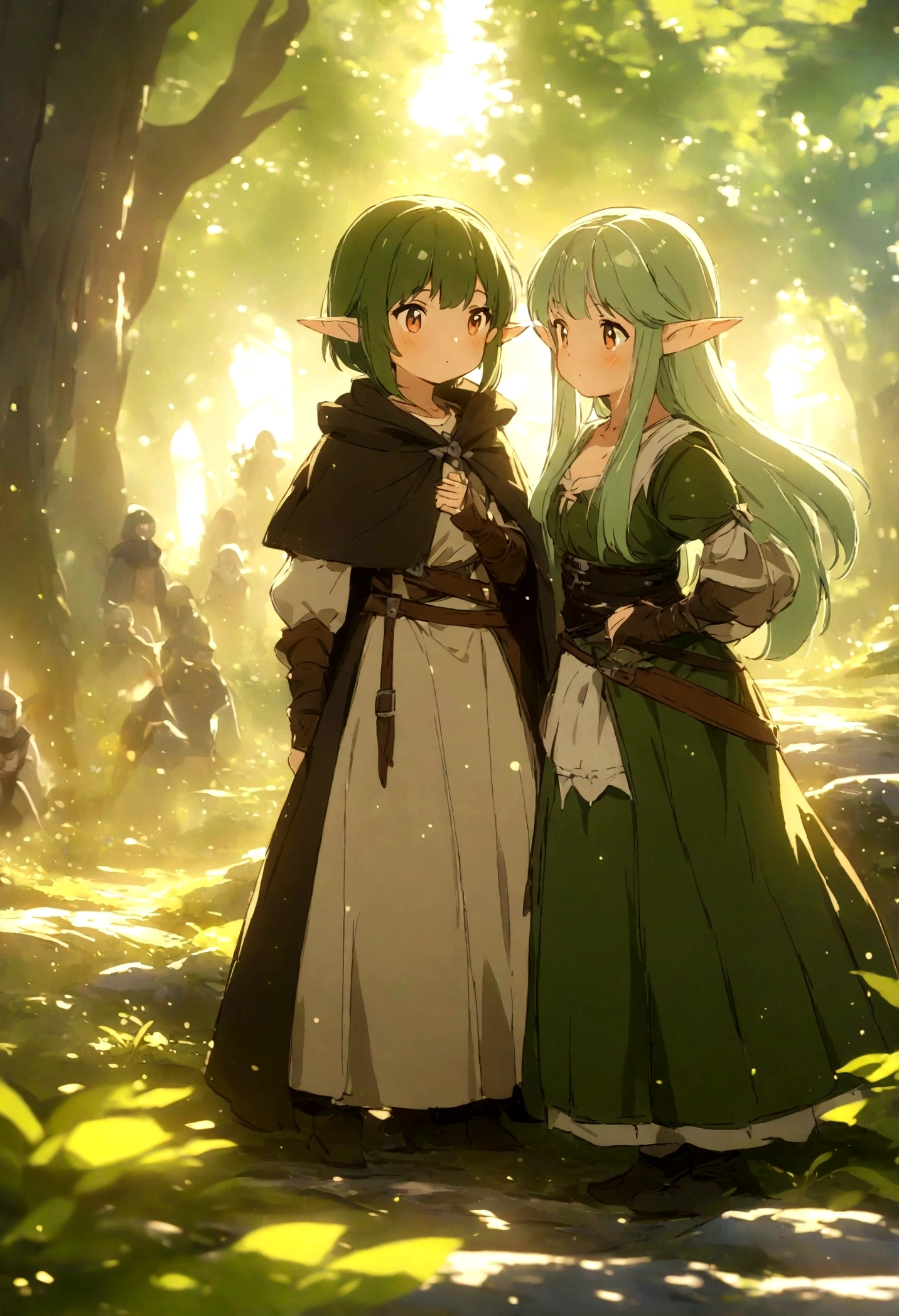 (masterpiece:1.2),(anime),(Medieval Background),(Elf sisters),Rogue Outfit,in the forest,((Fantasy)),Fantasy,cute,Light Effects