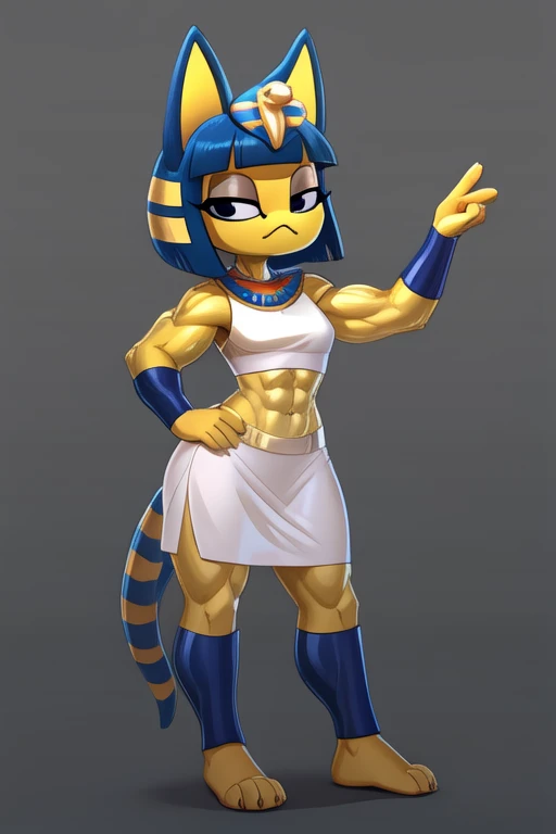 sideview digital artwork of a barefoot ankha with abs wearing a crop top white sleeveless dress shirt with white skirt, she looks very smug