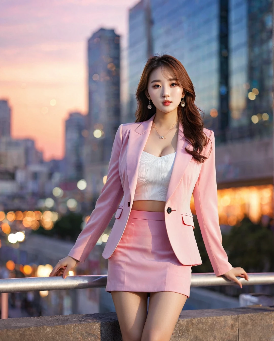 Full body of beautiful korean female, 34 inch breasts size, wearing pink suit, and short skirt, in the city, sunset light, bokeh background, UHD