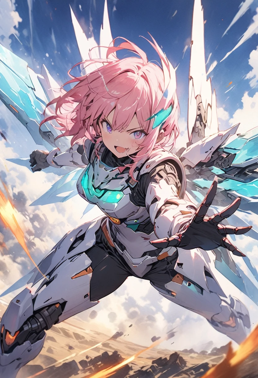 (masterpiece, best quality, highly detailed, absurdres), (fantastic illustration, beautiful detail, best quality, top quality, fain touch outline), watercolor, clear, 1 android, solo, mechanical armor, glowing cyan mechanical wings, fighting_stance, background battle field, anime style illustration, beautiful scenery