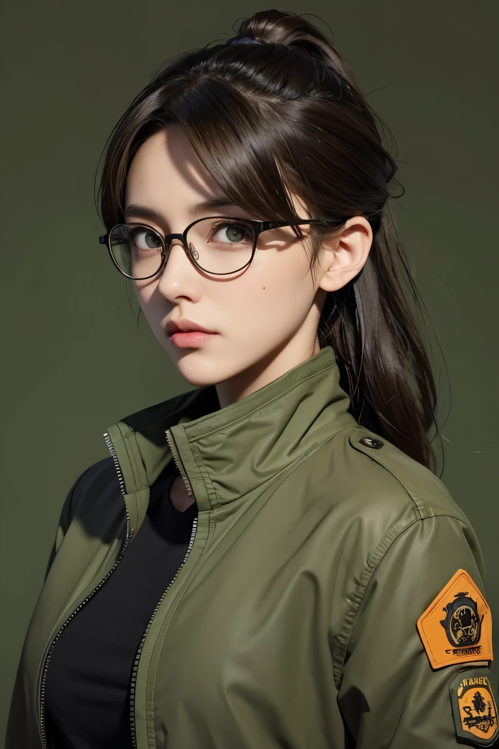 1 female inventor, Hair color is light brown and tied together., eyes are big、The color is brown, Closer to bright orange,, Large black horn-rimmed glasses, Wearing an army green colored flight jacket ,modern animation style, Anime style illustration, By Shinkai Makoto ( Apex Legends ), Digital Animation Illustration,