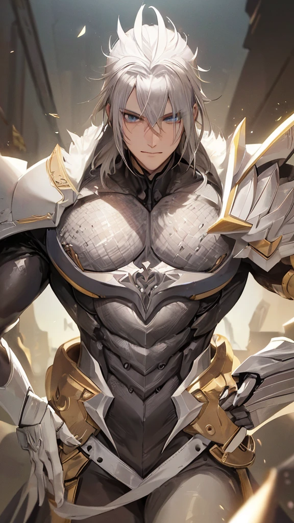 male character, majestic, Protective, high, slim, Sharp eyes, Blonde hair. Smiles softly. Silver hair.