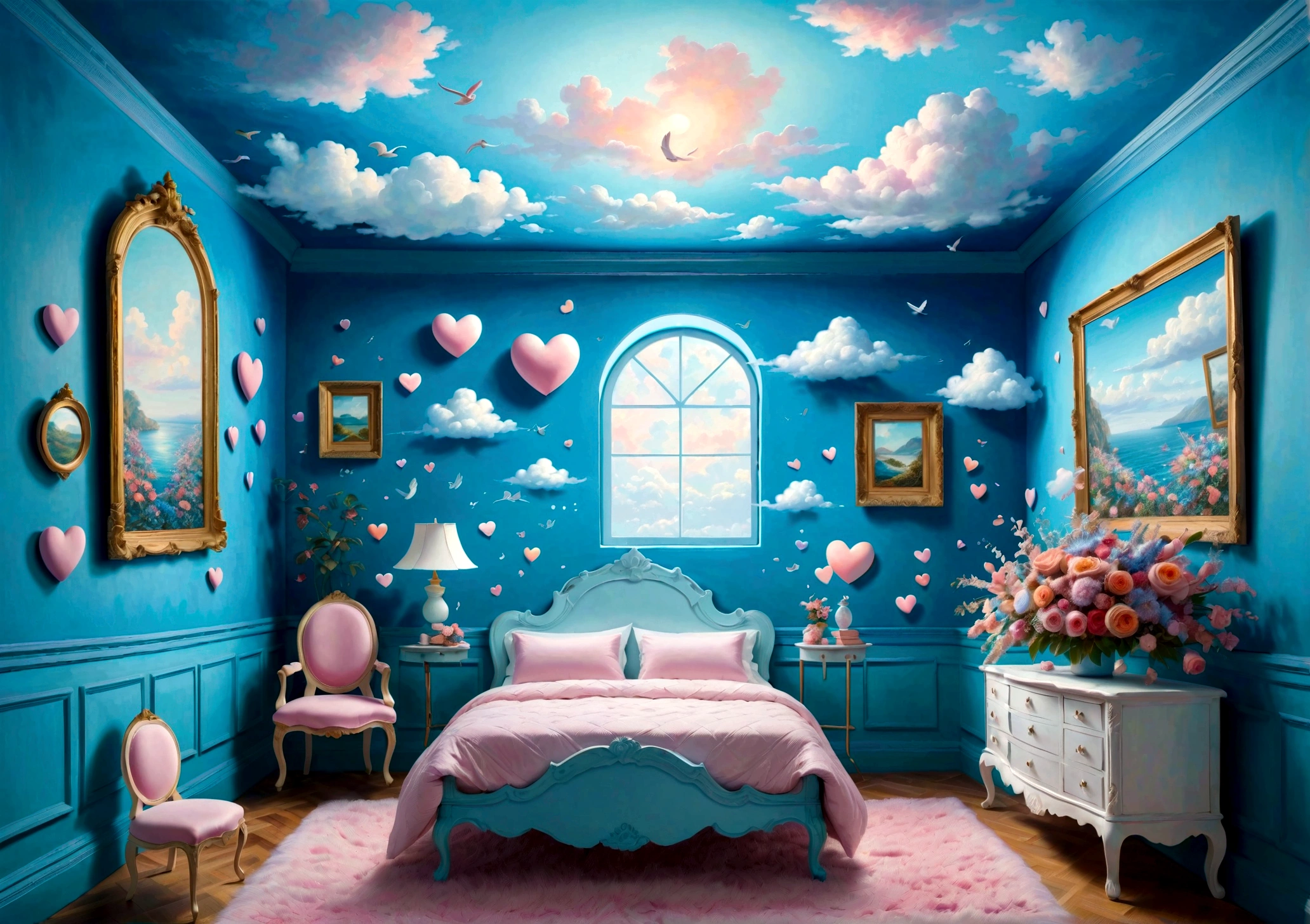 I dream, always smiling, of you, painting a blue room full of clouds with lots of inappropriate floating objects, pastel flowers, hearts like butts, paradise birds, surrealist painting, magic realism, bizarre art,