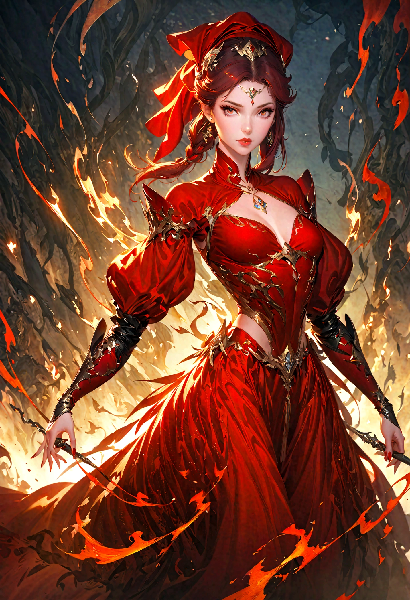 a beautiful redheaded woman wearing a red dress, veil, and headscarf, detailed fantasy art, beautiful fantasy art, artstation pixiv artgerm style, beautiful girl, 2.5D CGI anime fantasy art, fantasy art style, elegant fantasy style, flames surrounding the body